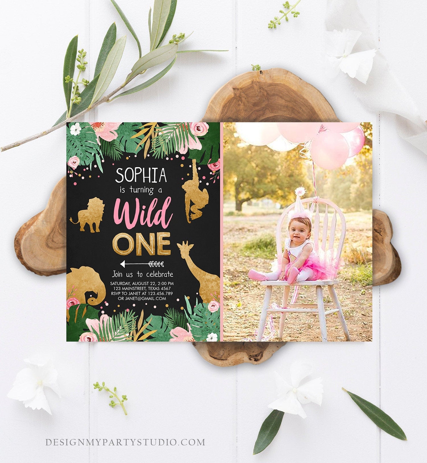 Editable Wild One Birthday Invitation Girl Safari Animals Jungle Party Animals Pink Gold First Birthday 1st Printable Corjl Template 0016