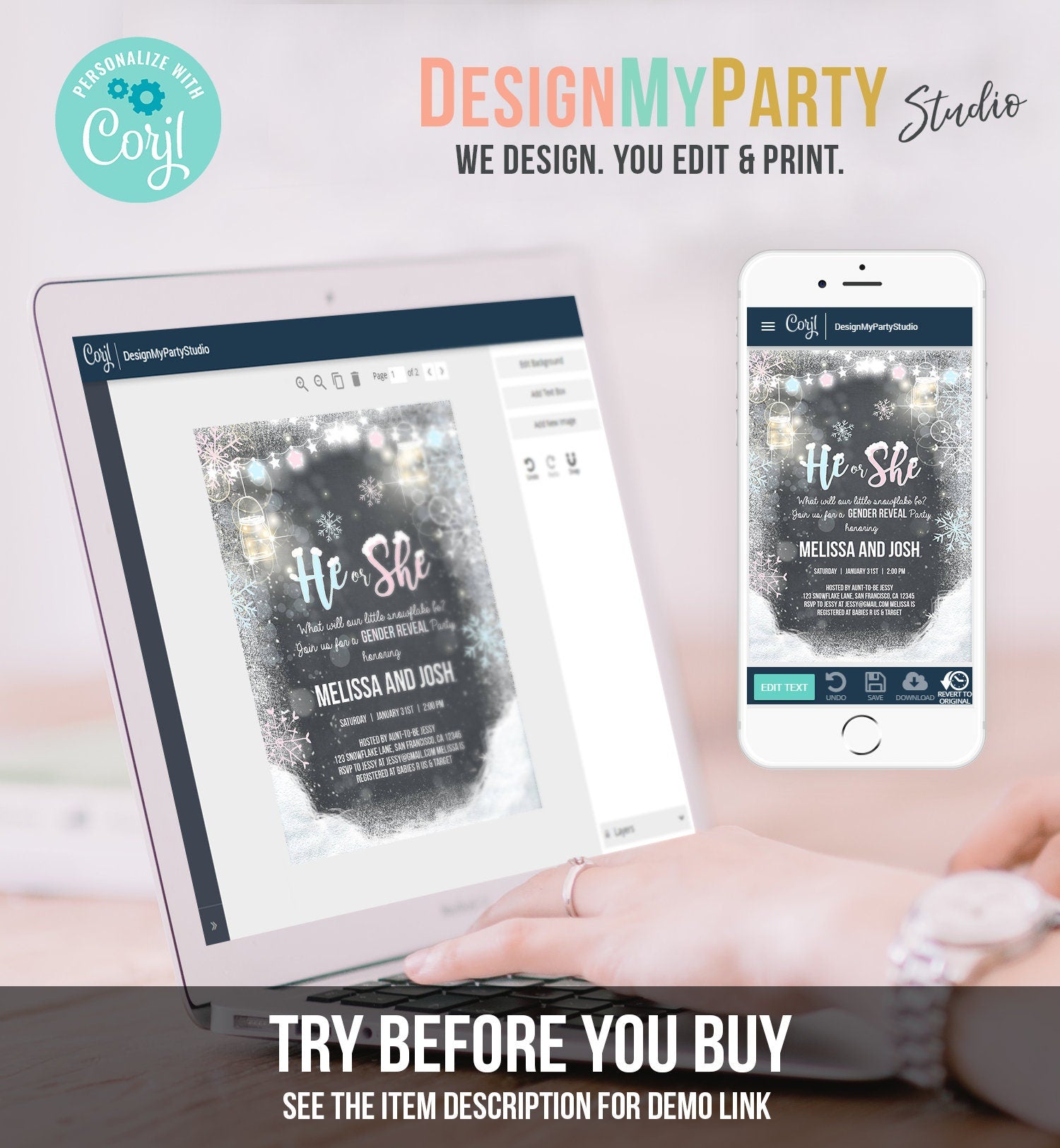 Editable Winter Gender Reveal Party Invitation Cold Outside Snow Boy or Girl He or She Rustic Invite Template Instant Download Corjl 0031