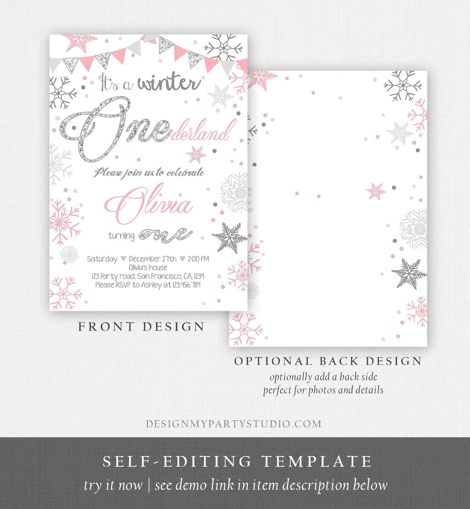 Editable Winter ONEderland Birthday Invitation First Birthday Snow Girl Pink Silver Glitter Download Printable Invite Template Corjl 0034