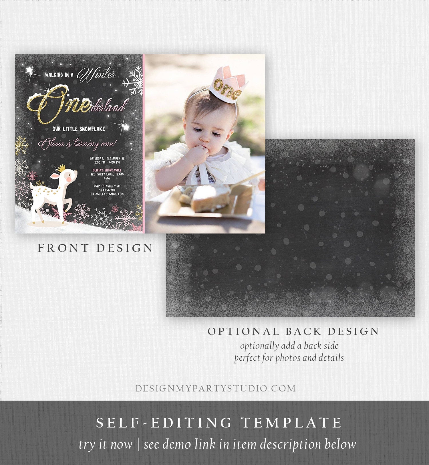 Editable Winter ONEderland Birthday Invitation First Birthday Snowflake Girl Pink Gold Deer Princess Crown Printable Template Corjl 0034