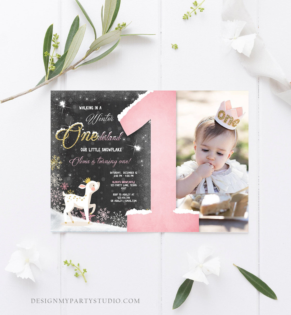 Editable Winter ONEderland Birthday Invitation First Birthday Snowflake Girl Pink Gold Deer Princess Crown Printable Template Corjl 0034