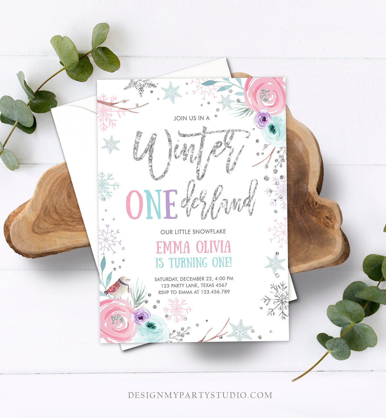 Editable Winter ONEderland Birthday Invitation First Birthday Snowflake Pink Silver Purple Floral Printable Invitation Template Corjl 0256