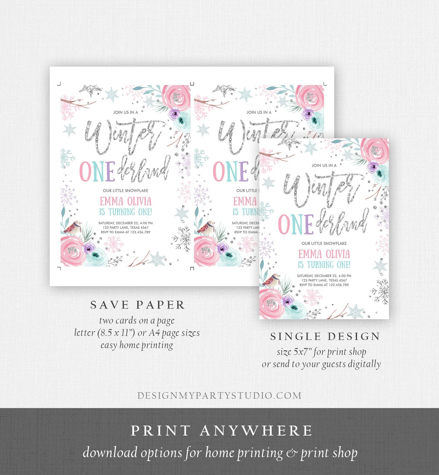 Editable Winter ONEderland Birthday Invitation First Birthday Snowflake Pink Silver Purple Floral Printable Invitation Template Corjl 0256