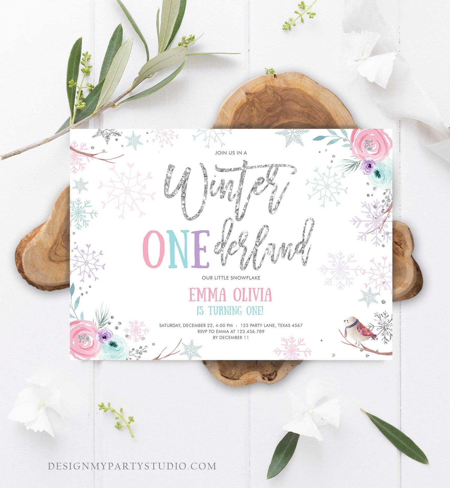 Editable Winter ONEderland Birthday Invitation First Birthday Snowflake Pink Silver Purple Floral Printable Invitation Template Corjl 0256