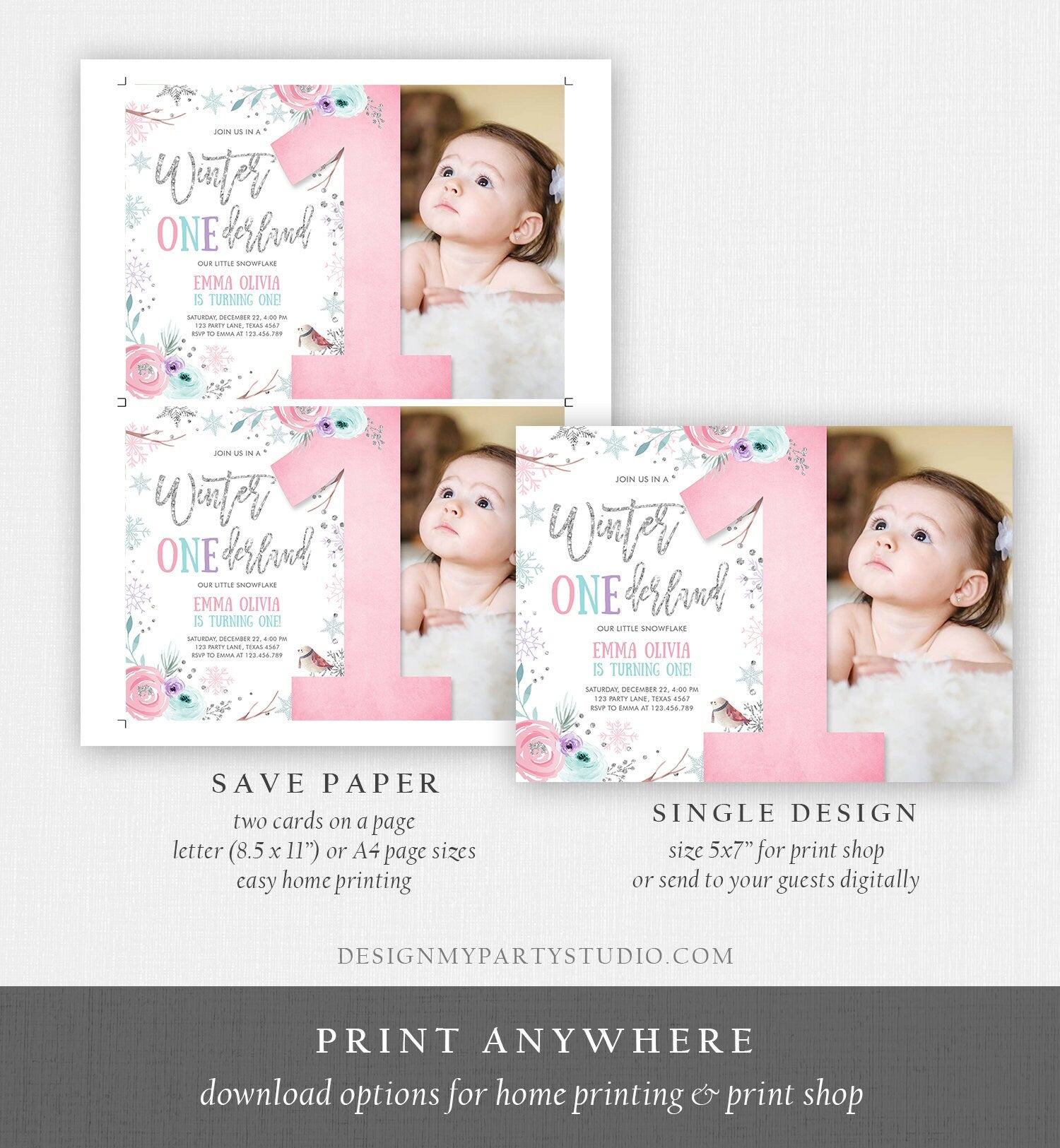 Editable Winter ONEderland Birthday Invitation First Birthday Snowflake Pink Silver Purple Floral Printable Invitation Template Corjl 0256