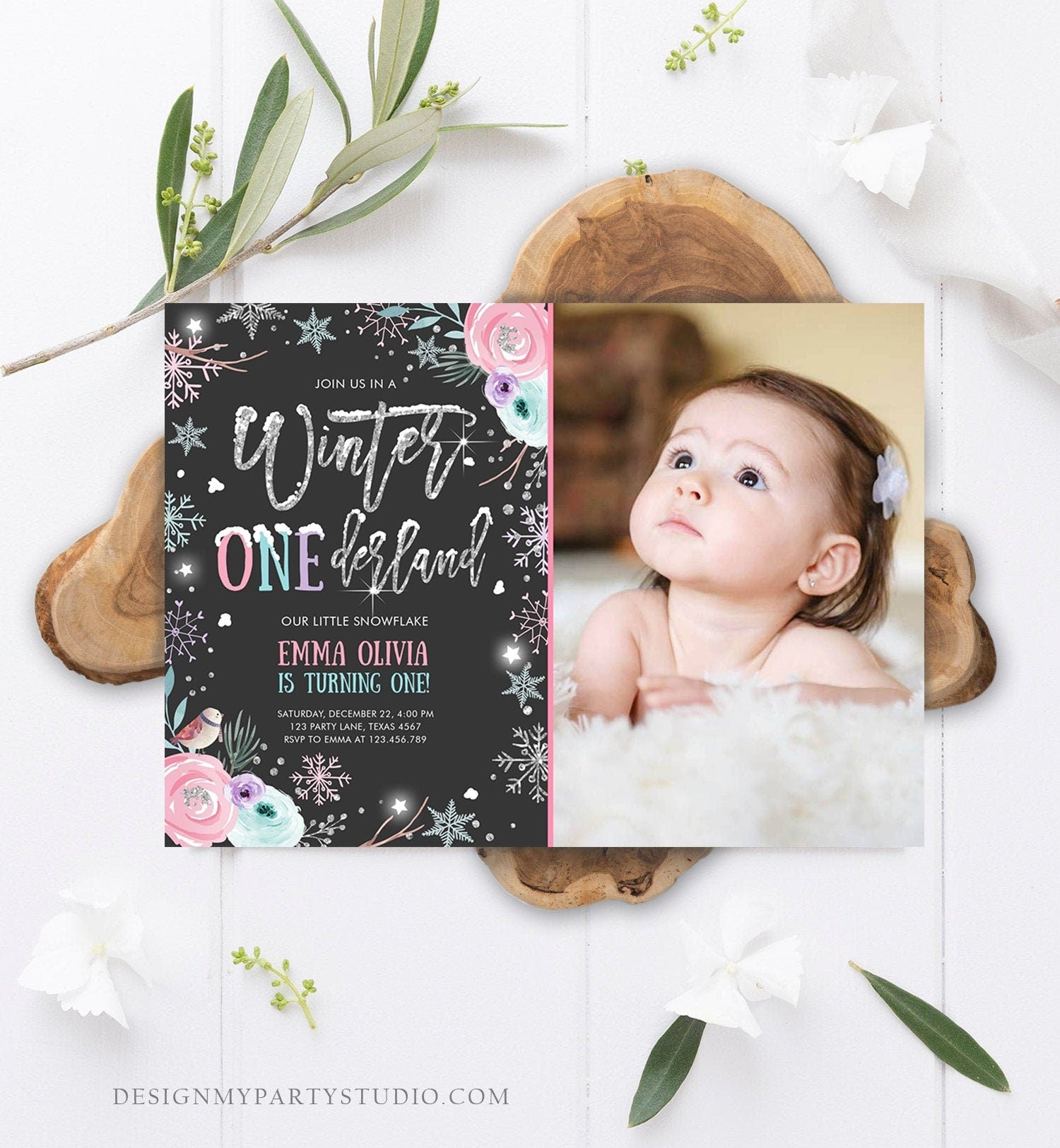 Editable Winter ONEderland Birthday Invitation First Birthday Snowflake Pink Silver Floral Printable Invitation Template Corjl 0256