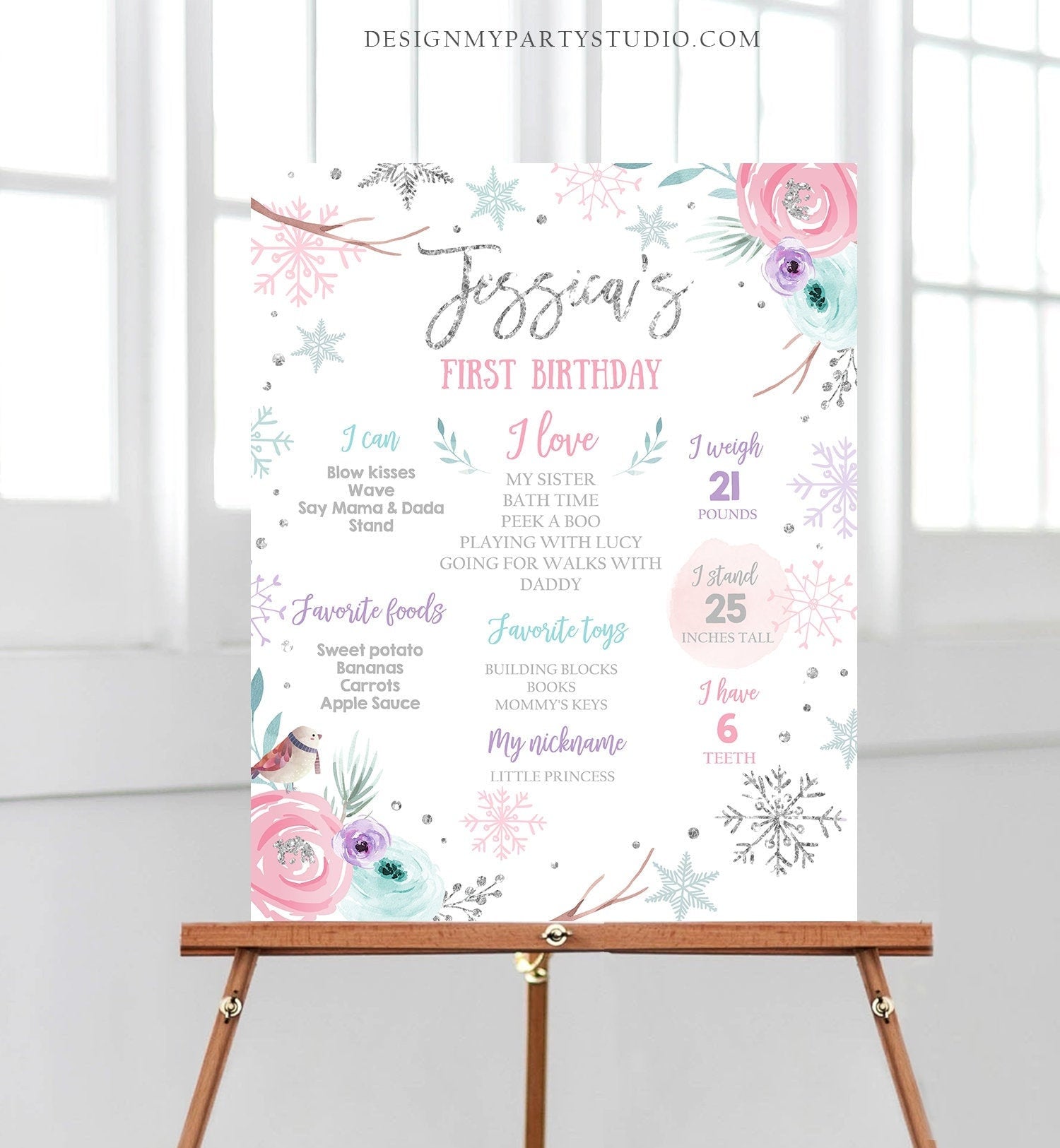 Editable Winter Birthday Milestones Sign Winter Onederland First Birthday Girl Pink Silver Snowflakes Floral Corjl Template Printable 0256