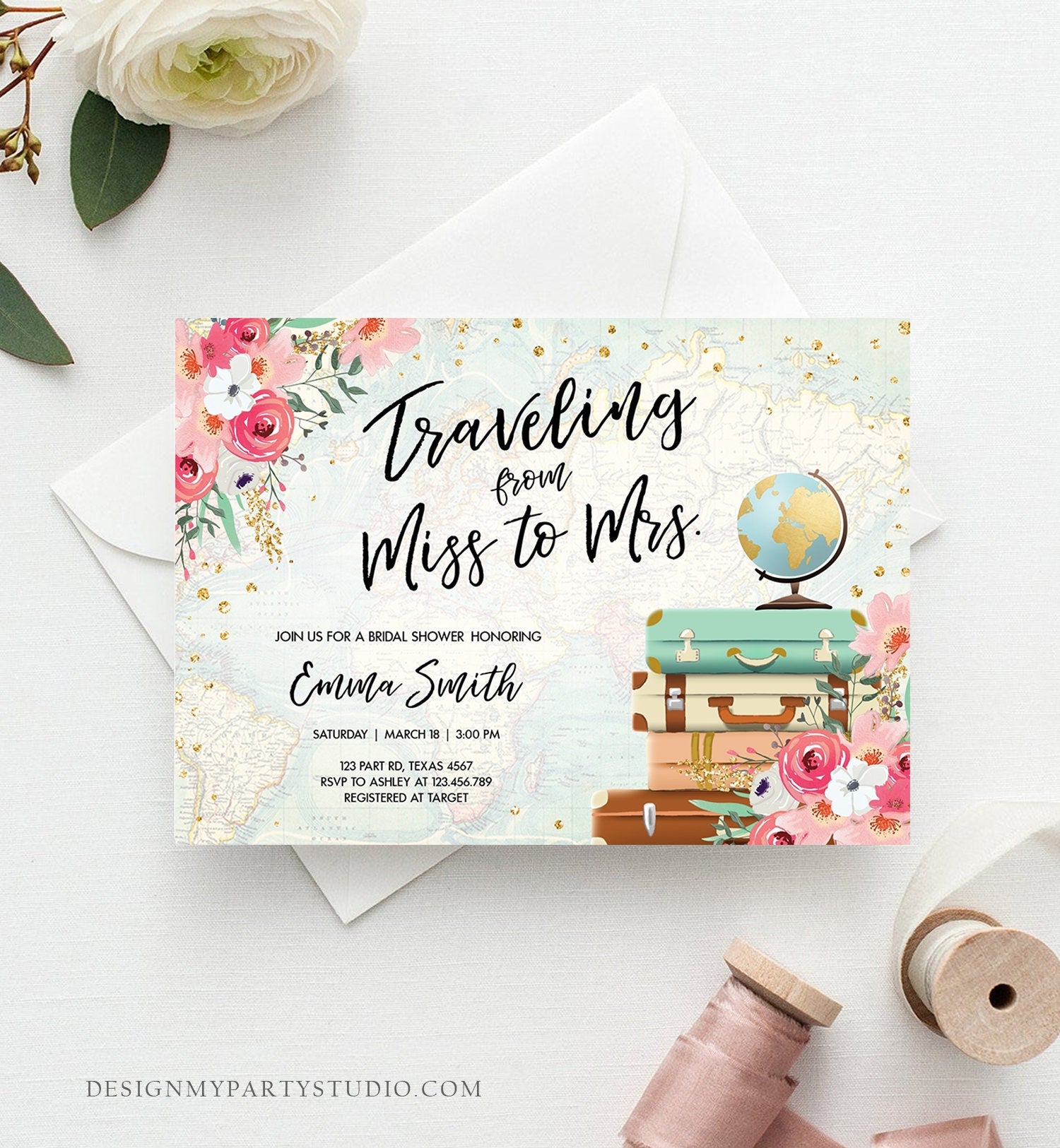 Editable Miss to Mrs Travel Bridal Shower Invitation Flowers Globe Suitcase Gold Confetti Traveling Download Printable Corjl Template 0030