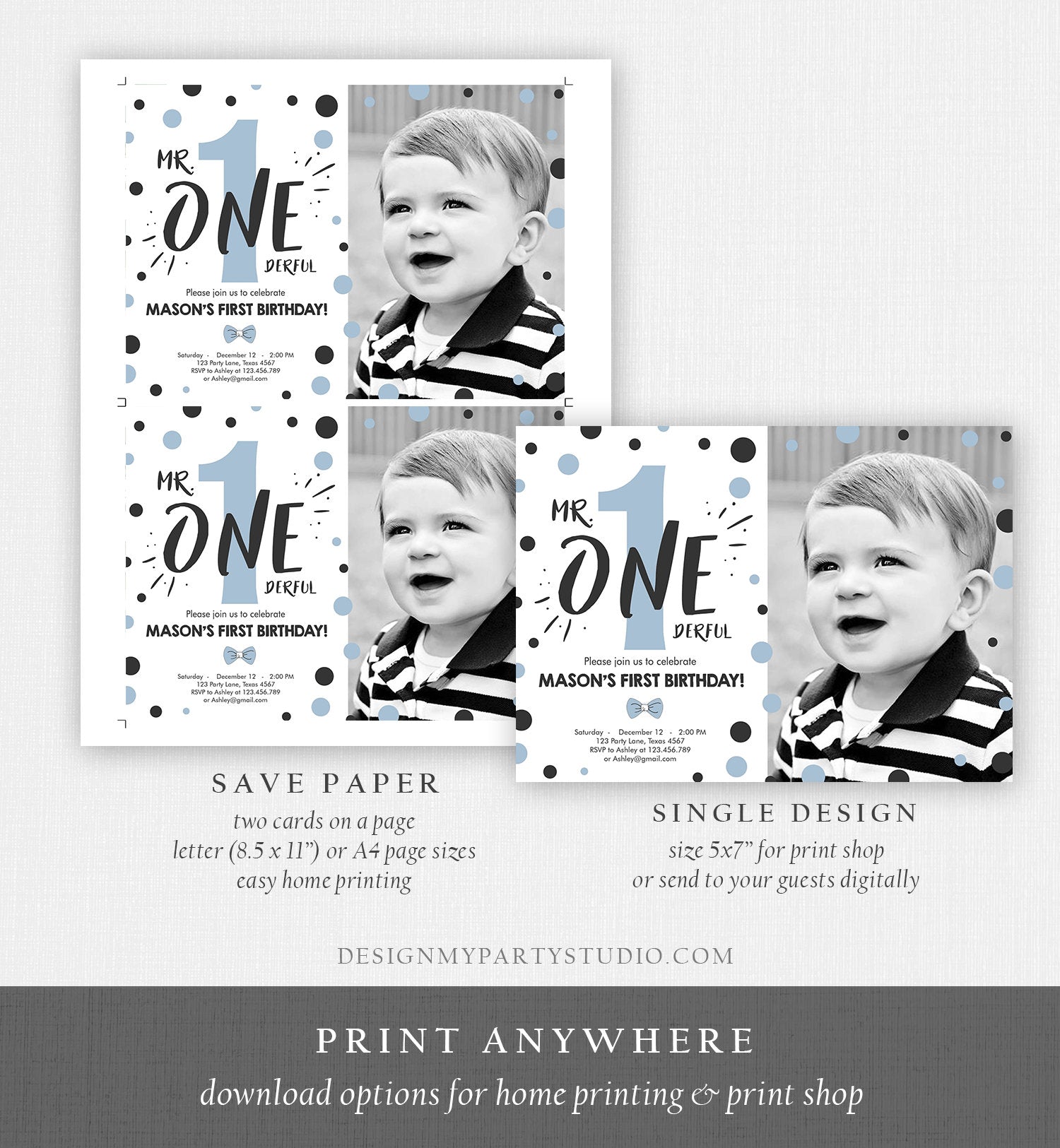 Editable Mr Onederful Birthday Invitation Black and Blue Boy Birthday Bow Tie Confetti 1st Birthday Printable Template Digital Corjl 0072