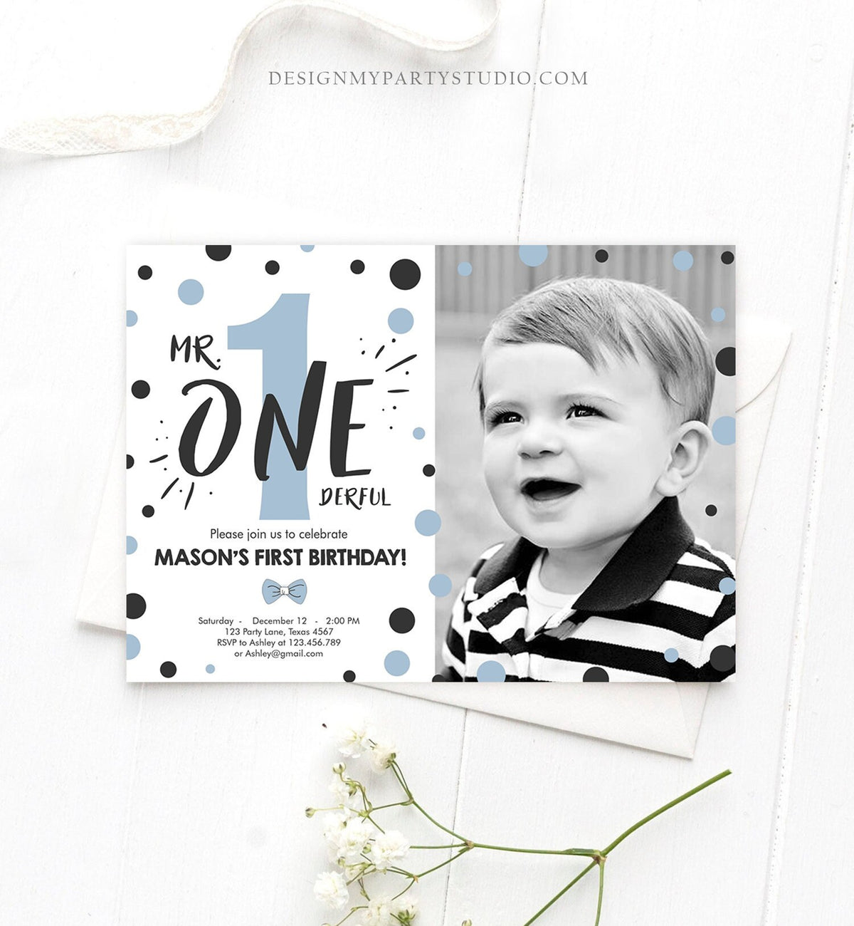 Editable Mr Onederful Birthday Invitation Black and Blue Boy Birthday Bow Tie Confetti 1st Birthday Printable Template Digital Corjl 0072