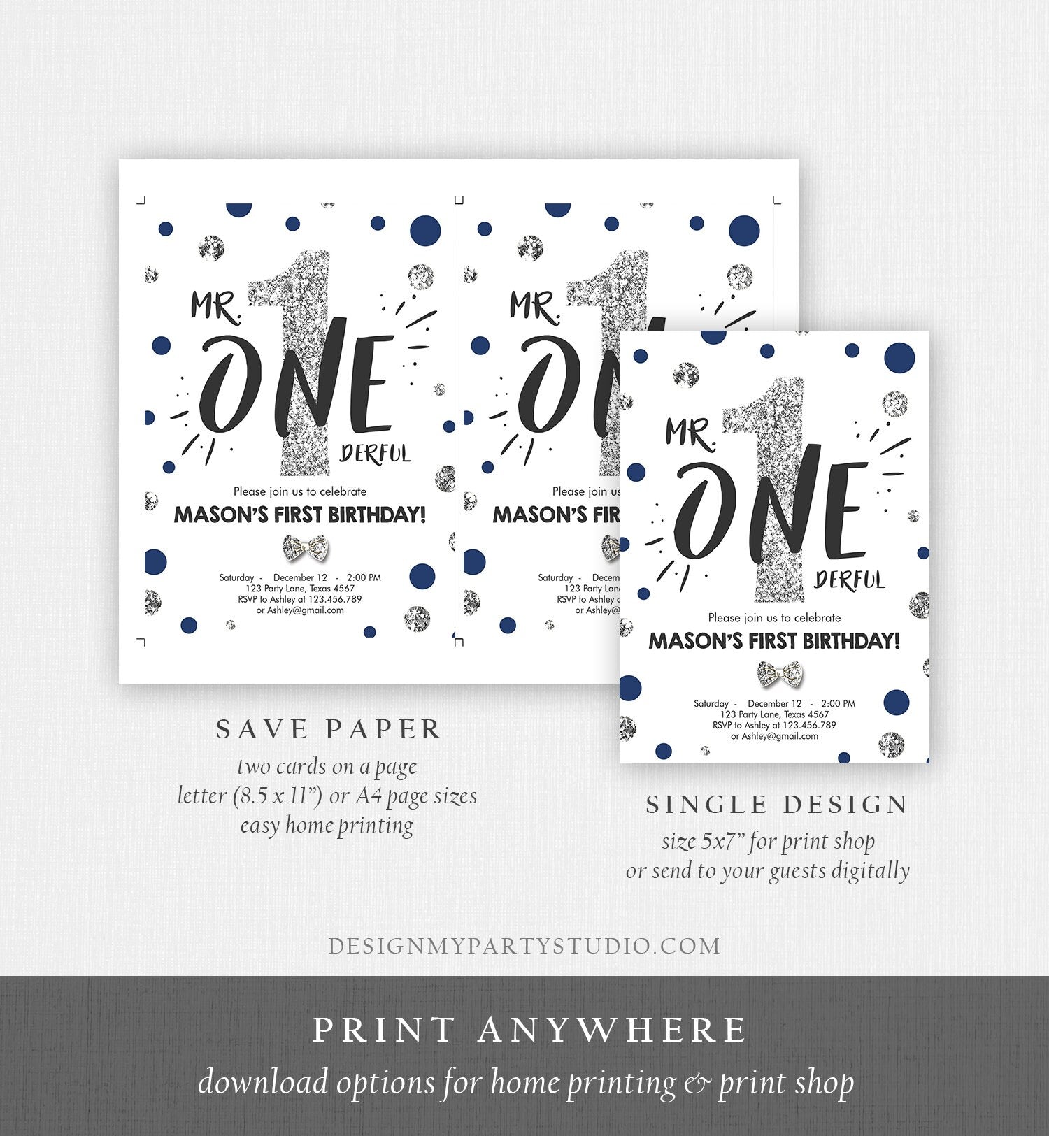 Editable Mr Onederful Birthday Invitation Blue Silver Boy First Birthday Bow Tie Confetti Birthday Download Printable Template Corjl 0072