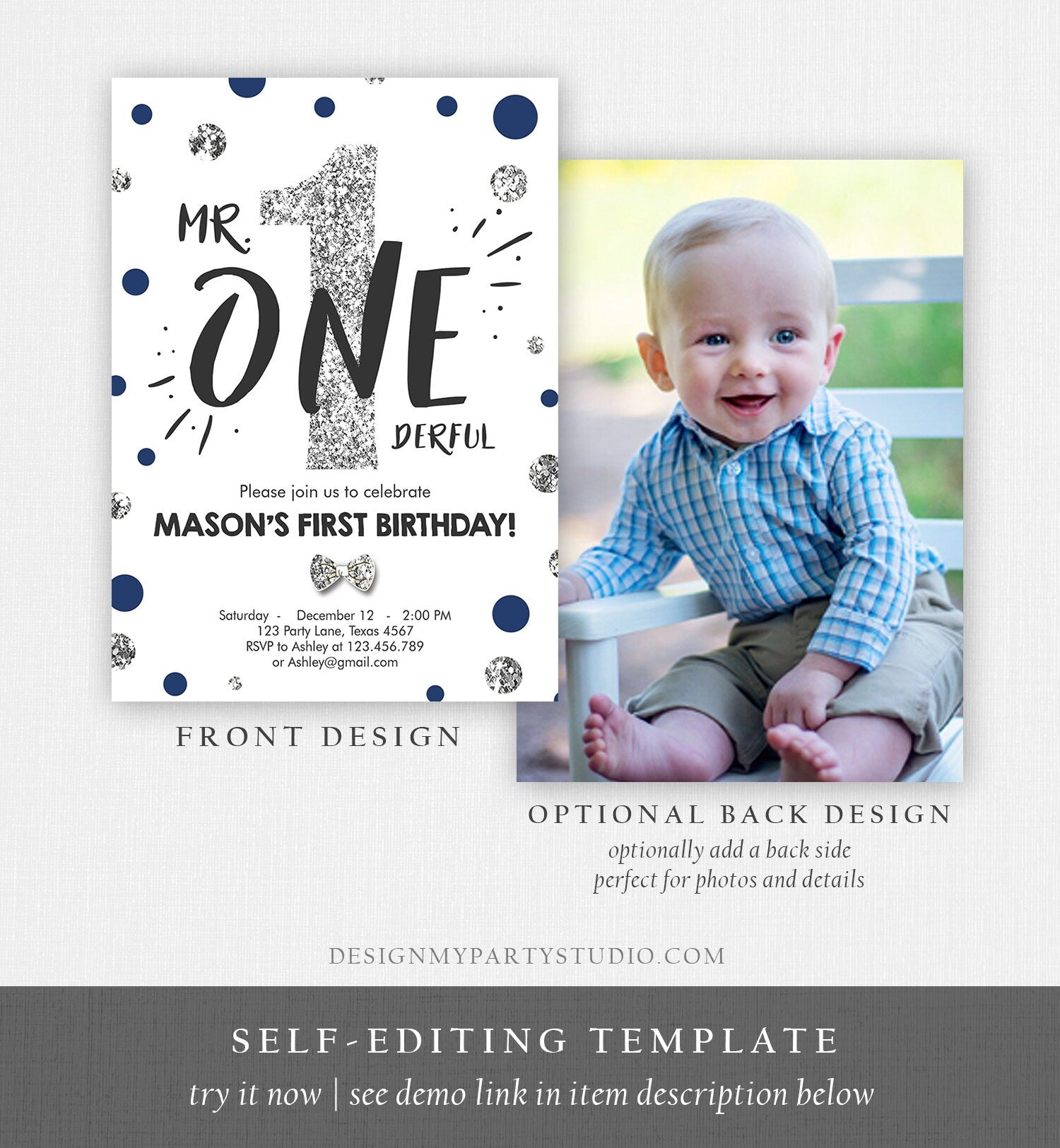 Editable Mr Onederful Birthday Invitation Blue Silver Boy First Birthday Bow Tie Confetti Birthday Download Printable Template Corjl 0072