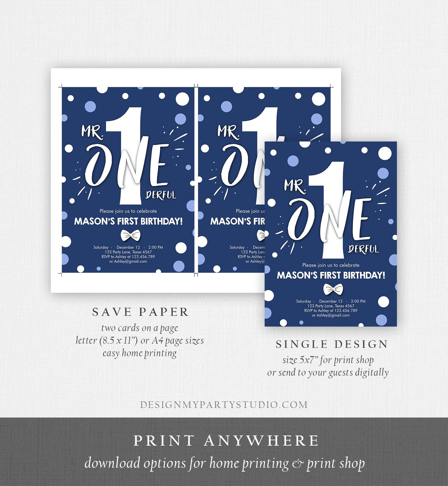 Editable Mr Onederful Birthday Invitation Navy Blue First Birthday Bow Tie Confetti Boy First Birthday Printable Template Digital Corjl 0072