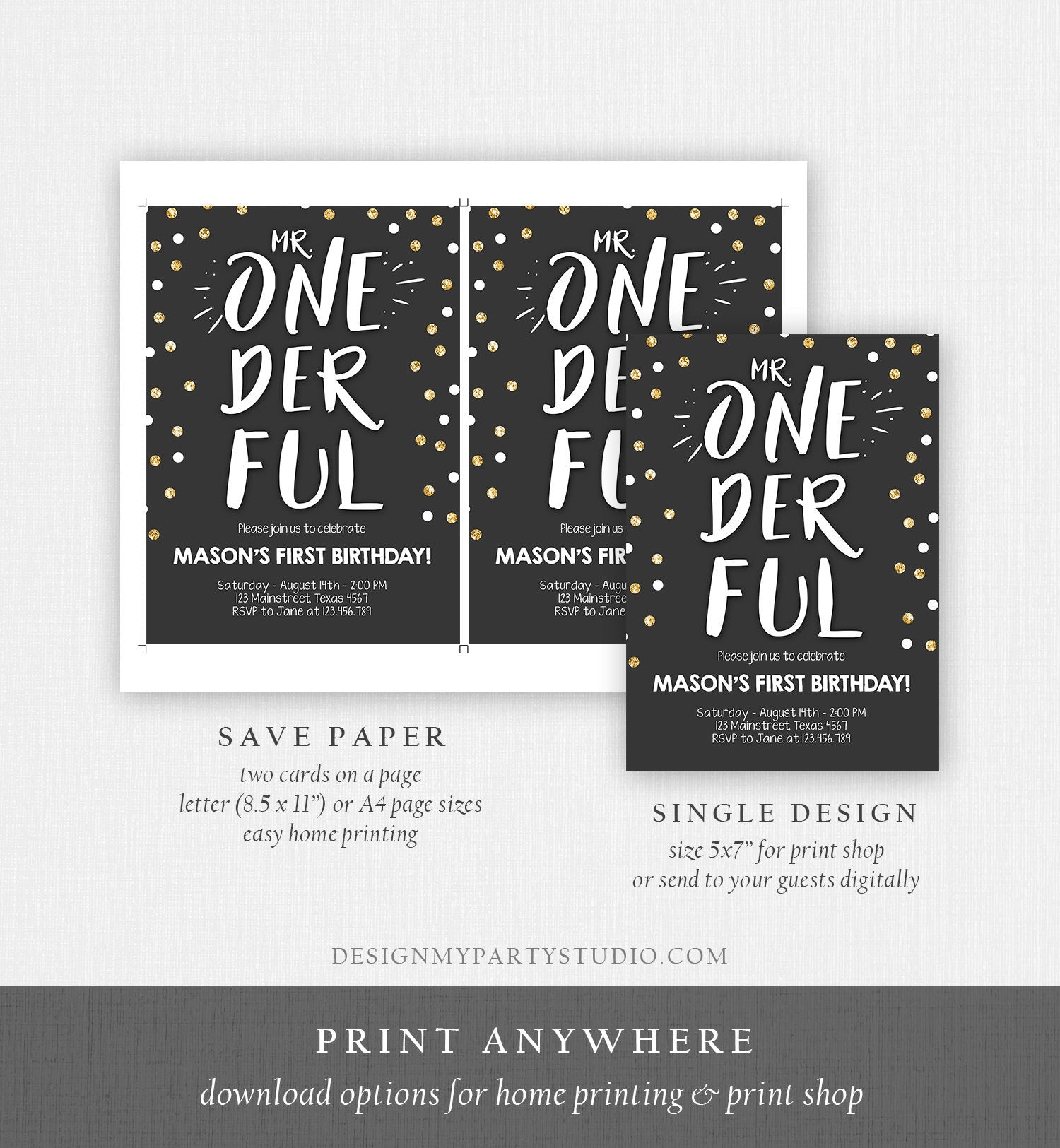 Editable Mr Onederful Birthday Invitation Black and Gold Boy Birthday Bow Tie Confetti 1st Birthday Download Template Digital Corjl 0072