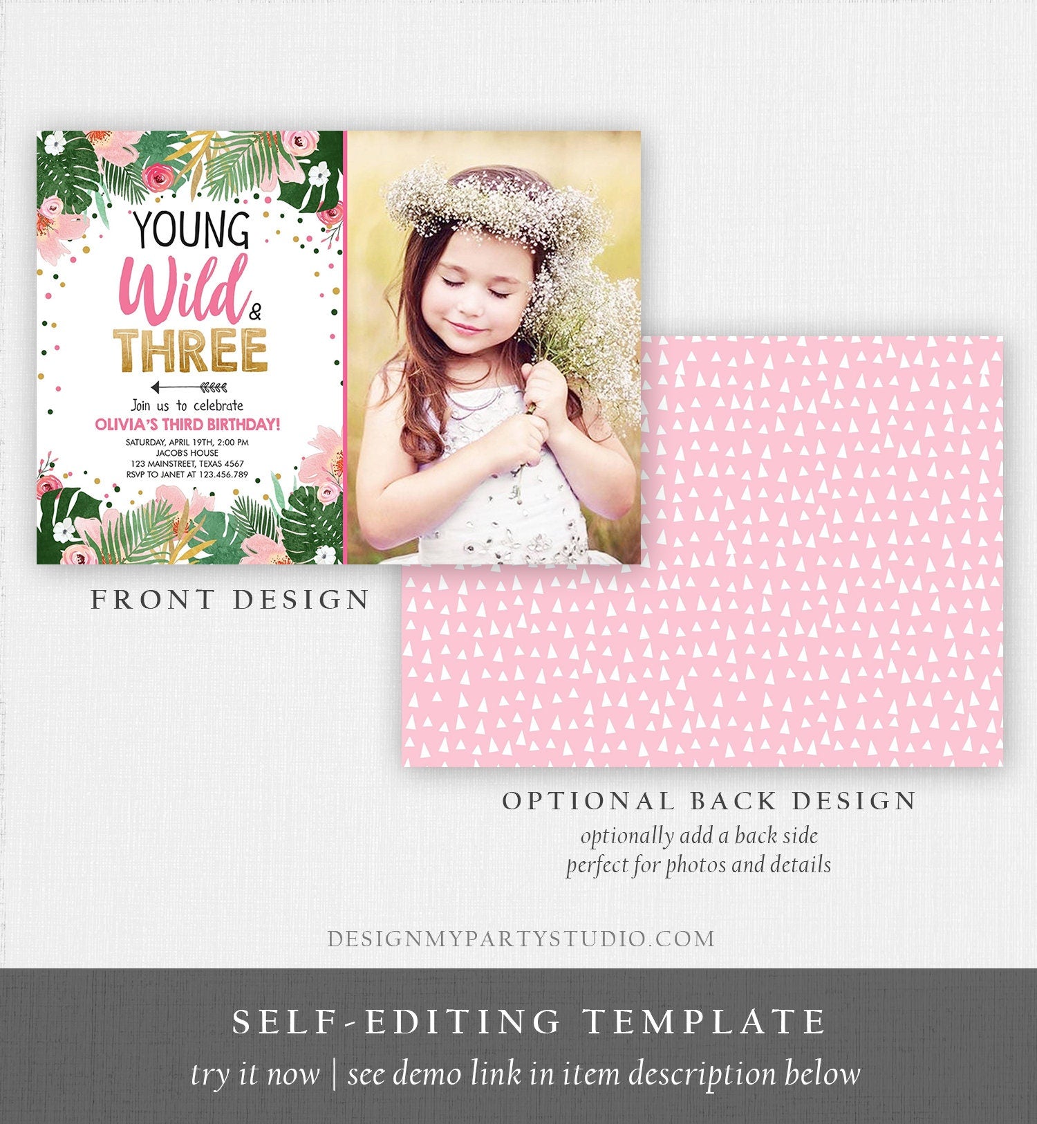 Editable Young Wild and Three Birthday Invitation Animals Invite Party Jungle Safari Pink Gold Download Printable Template Corjl 0332