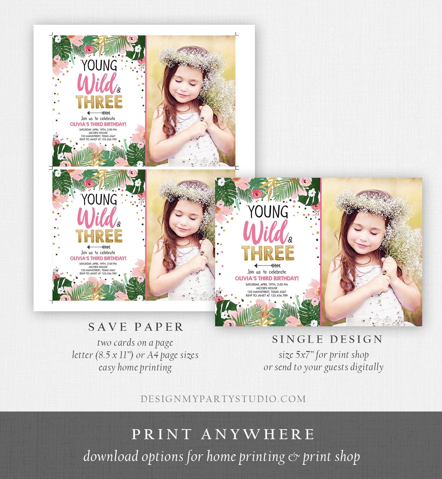 Editable Young Wild and Three Birthday Invitation Animals Invite Party Jungle Safari Pink Gold Download Printable Template Corjl 0332