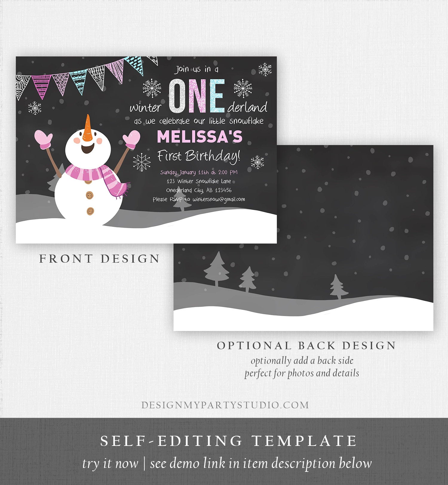 Editable Winter ONEderland Invitation First Birthday Winter Wonderland Girl Pink Silver Download Printable Template Digital Corjl 0022