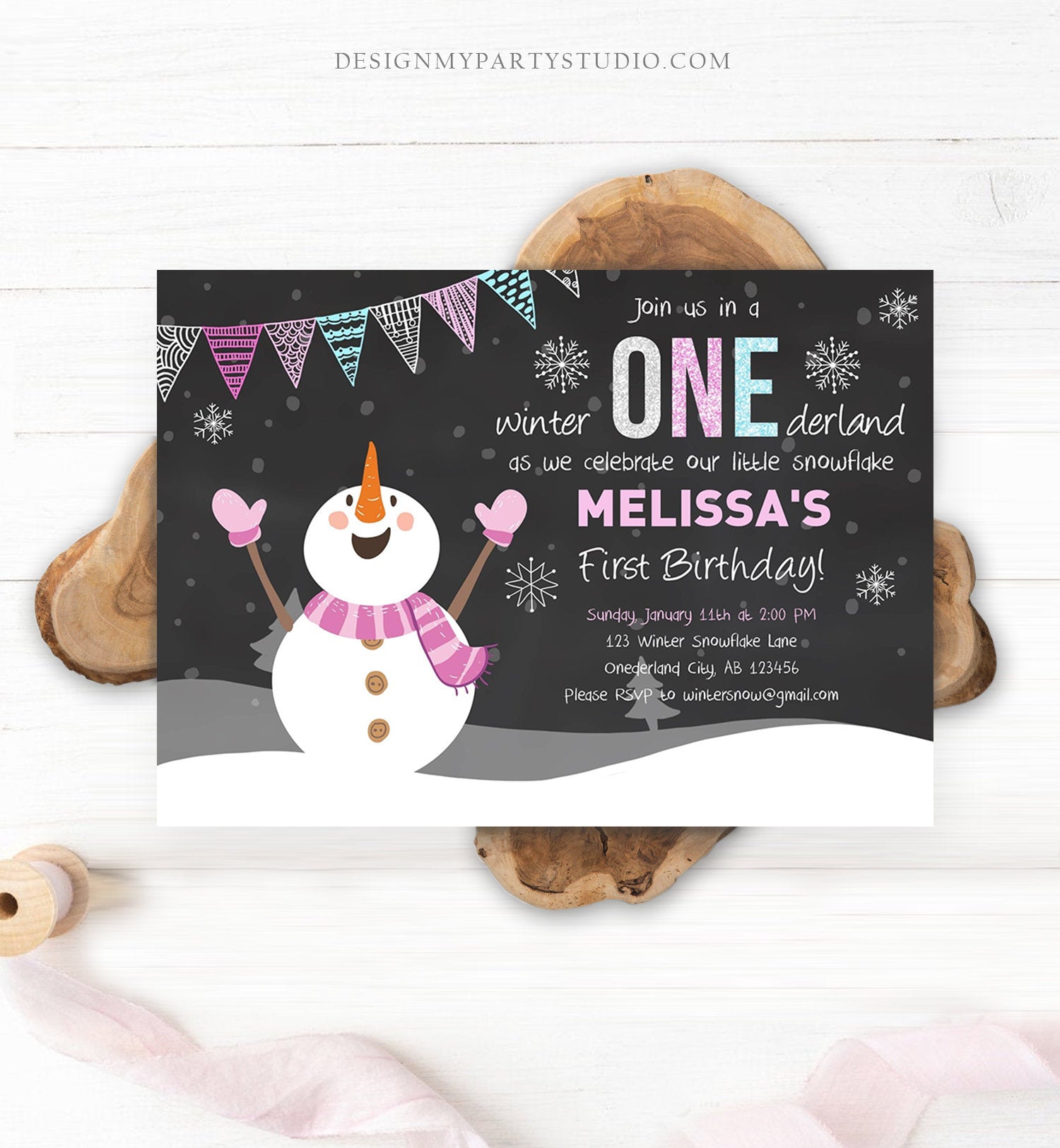 Editable Winter ONEderland Invitation First Birthday Winter Wonderland Girl Pink Silver Download Printable Template Digital Corjl 0022