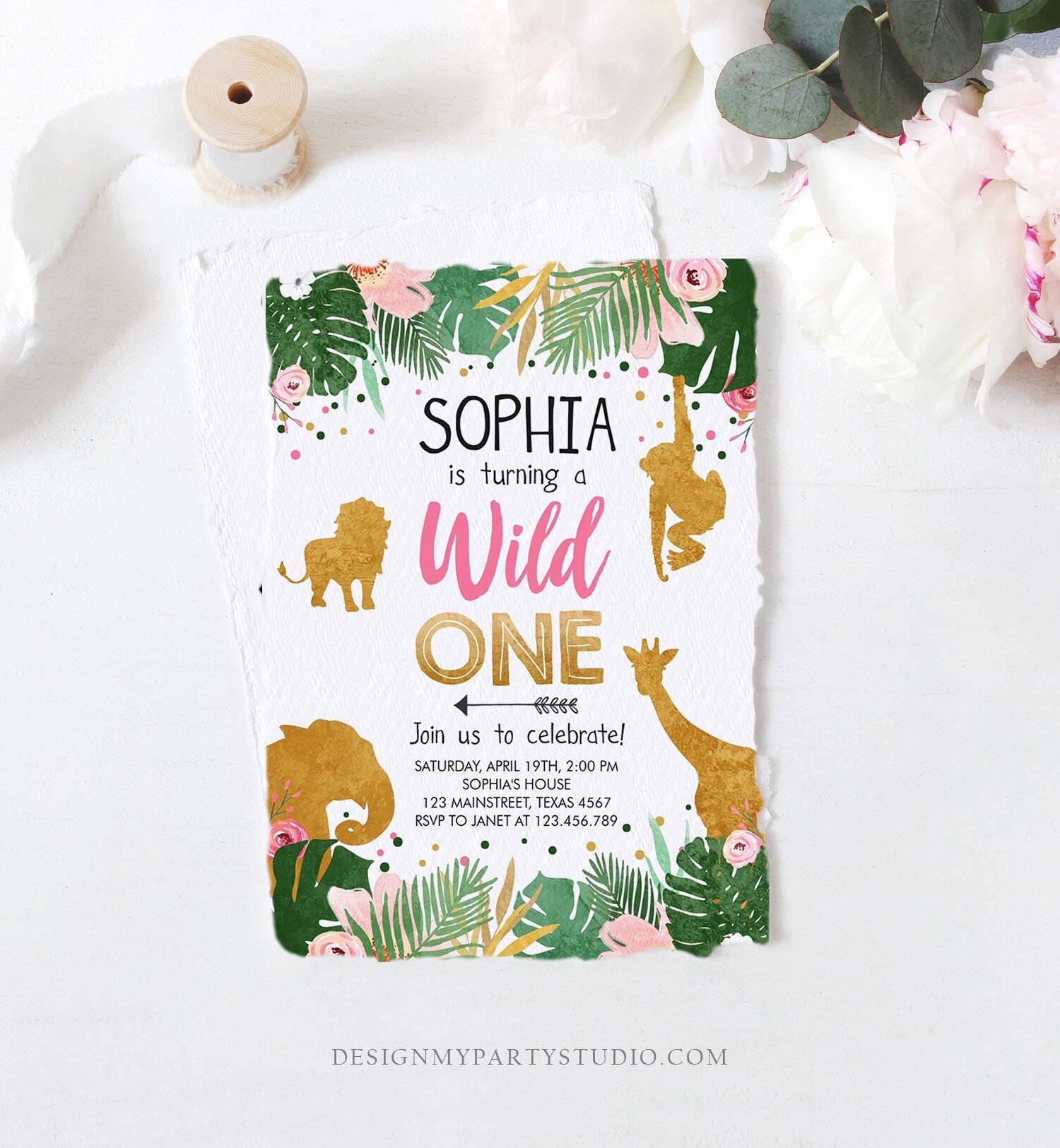 Editable Wild One Birthday Invitation Girl Safari Animals Jungle Zoo Party Animals Pink Gold Instant Download Printable Corjl Template 0016