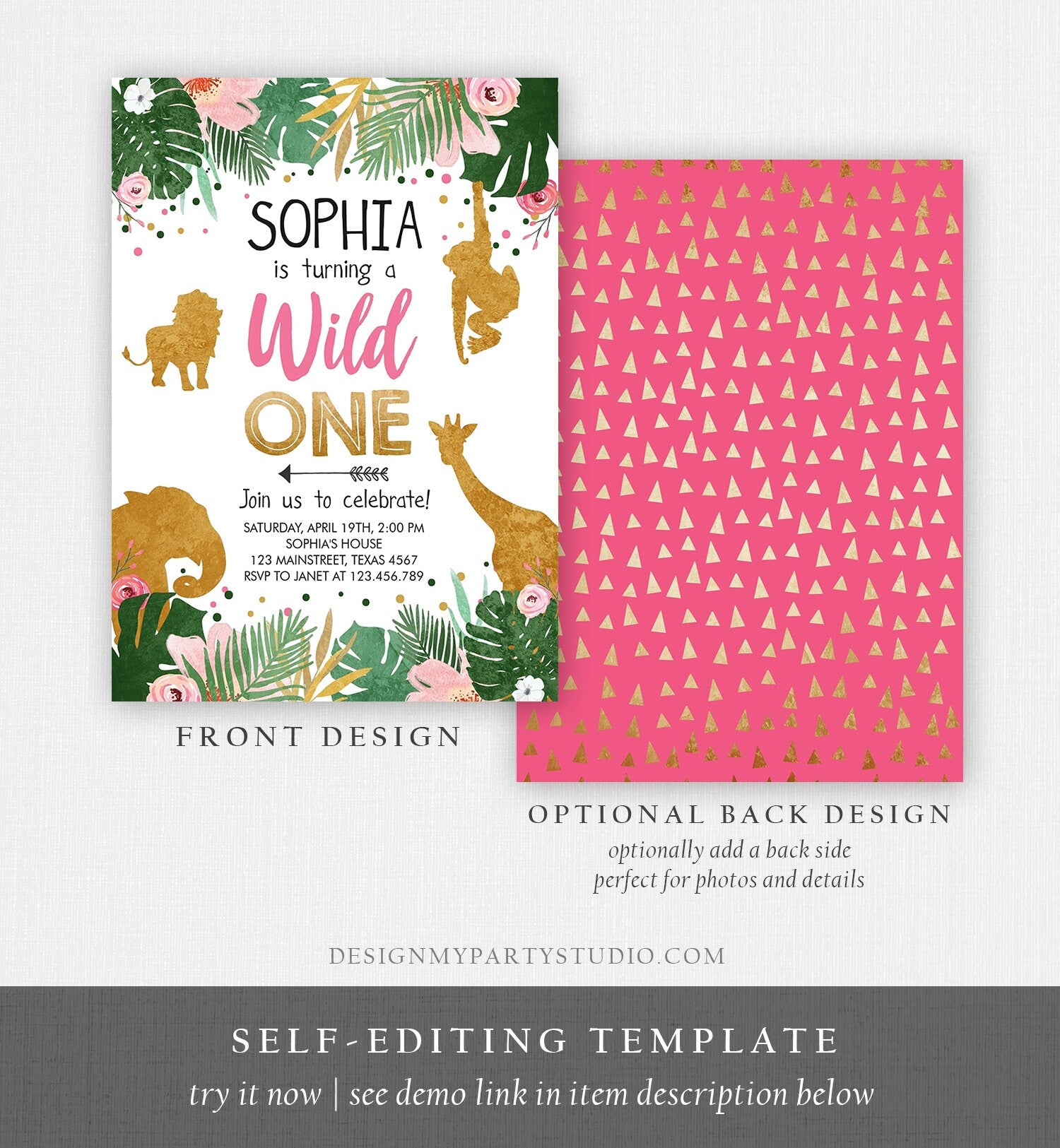 Editable Wild One Birthday Invitation Girl Safari Animals Jungle Zoo Party Animals Pink Gold Instant Download Printable Corjl Template 0016