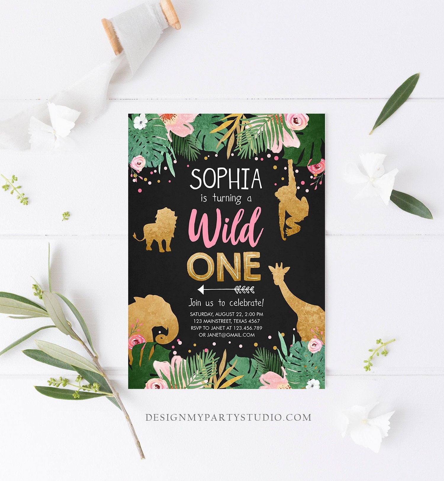 Editable Wild One Birthday Invitation Girl Safari Animals Jungle Zoo Party Animals Pink Gold Instant Download Printable Corjl Template 0016