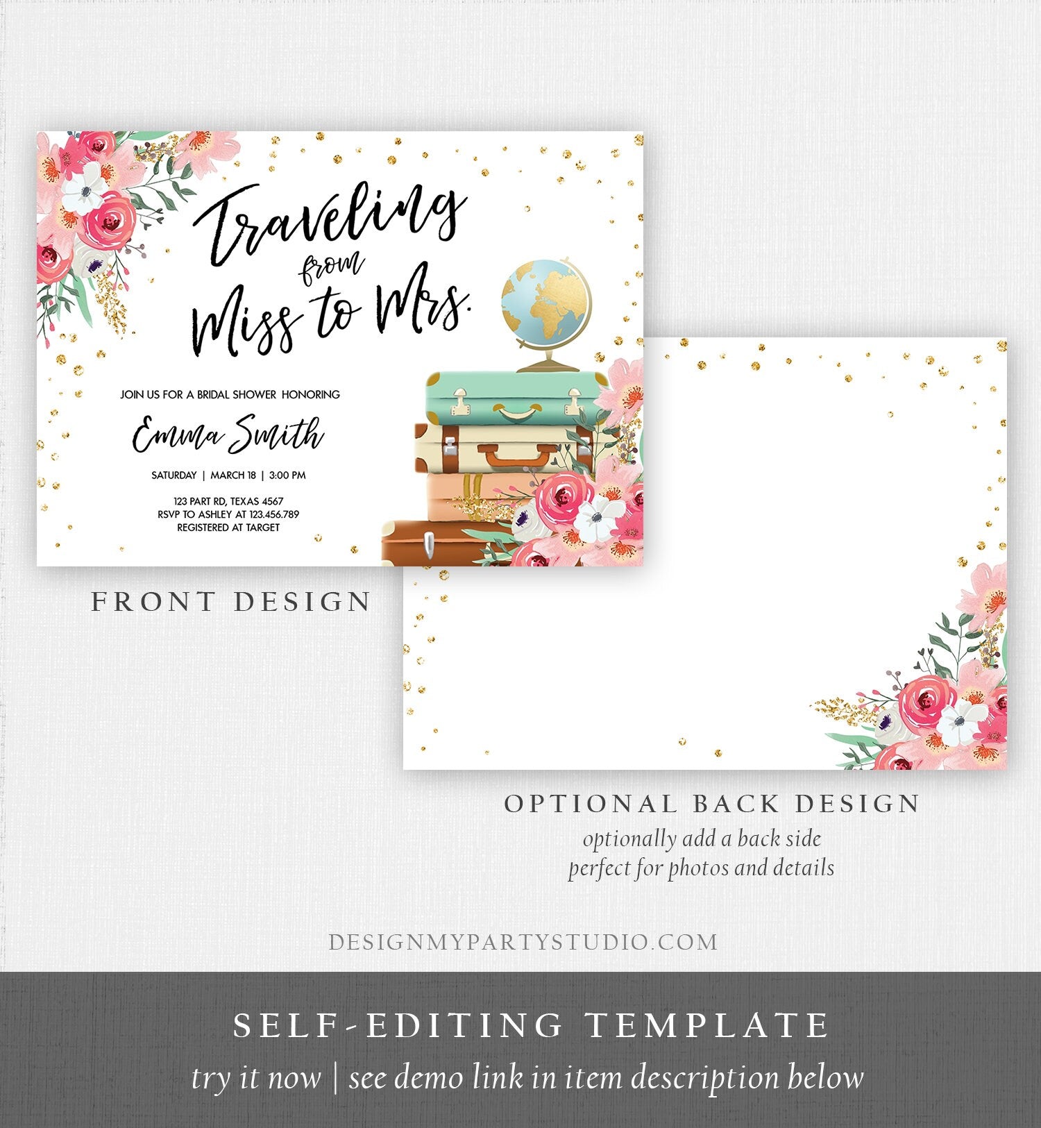 Editable Miss to Mrs Travel Bridal Shower Invitation Flowers Globe Suitcase Gold Confetti Traveling Download Printable Corjl Template 0030