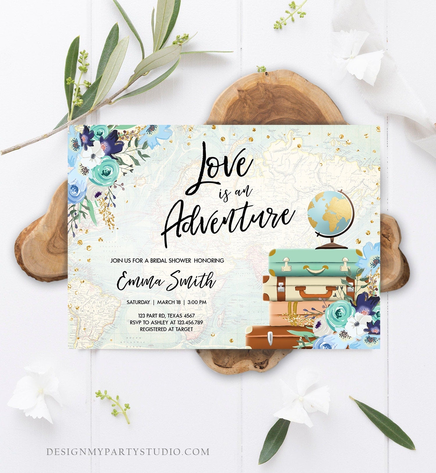 Editable Love is an Adventure Bridal Shower Invitation Miss to Mrs Travel Gold Confetti Blue Floral Suitcases Download Corjl Template 0030