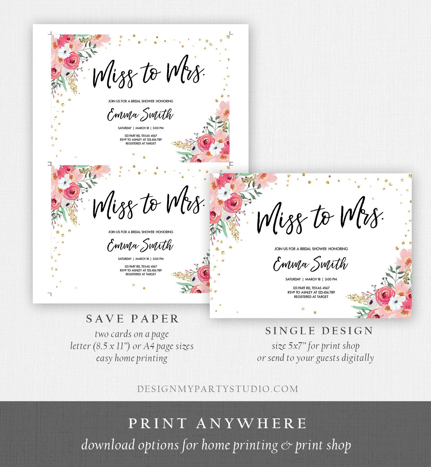 Editable Miss to Mrs Travel Bridal Shower Invitation Flowers Floral Suitcase Gold Confetti Pink Download Printable Corjl Template 0030 0318