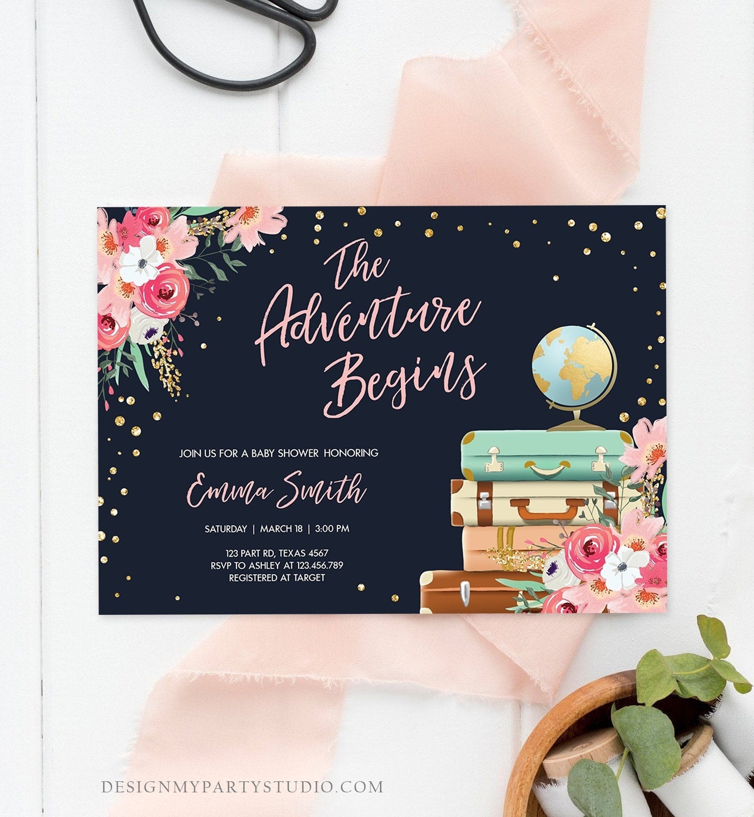 Editable The Adventure Begins Baby Shower Invitation Pink Floral Gold Navy Blue Confetti Suitcases Travel Around World Corjl Template 0030