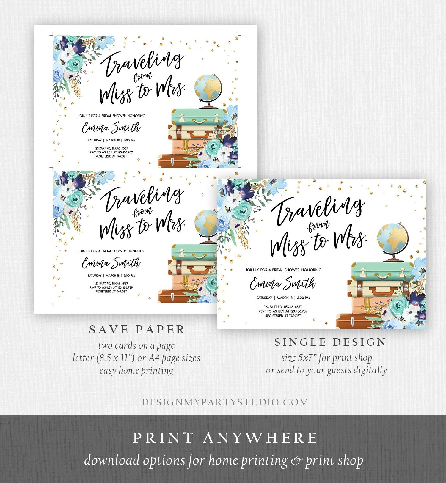 Editable Miss to Mrs Travel Bridal Shower Invitation Flowers Globe Suitcase Gold Confetti Traveling Blue Floral Corjl Template 0030