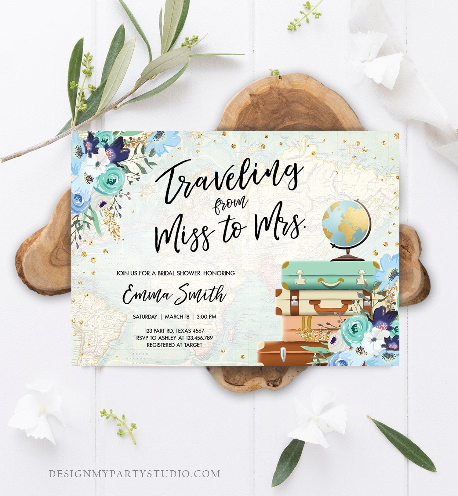 Editable Miss to Mrs Travel Bridal Shower Invitation Flowers Globe Suitcase Gold Confetti Traveling Blue Floral Corjl Template 0030