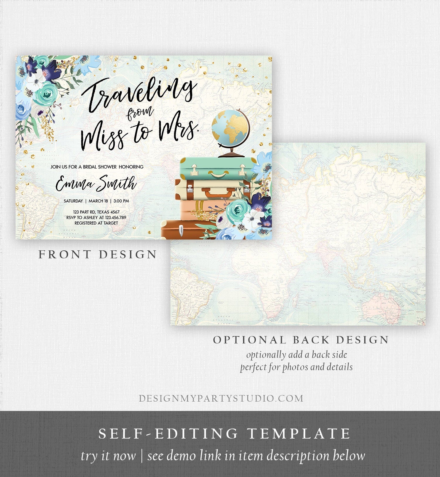 Editable Miss to Mrs Travel Bridal Shower Invitation Flowers Globe Suitcase Gold Confetti Traveling Blue Floral Corjl Template 0030