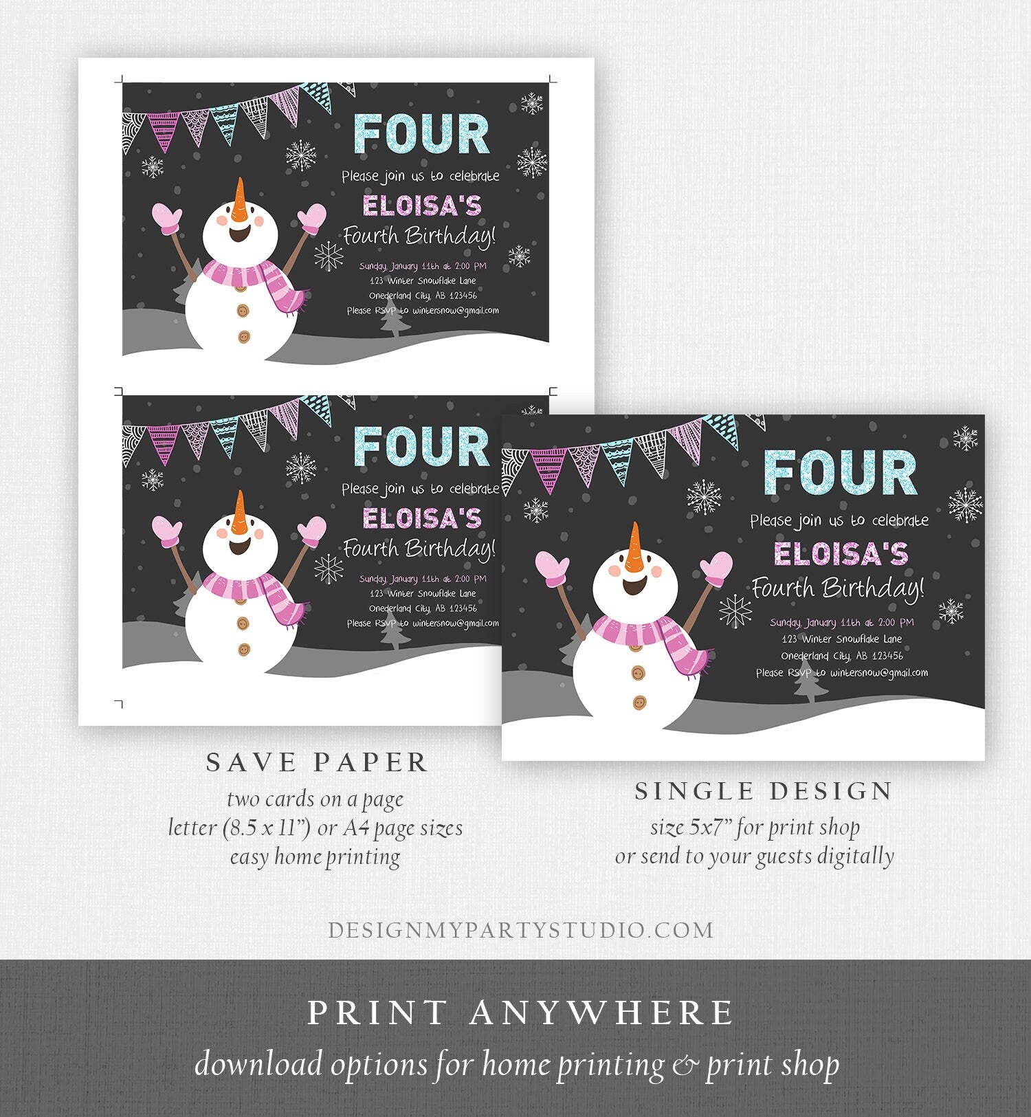 Editable ANY AGE Winter Birthday Invitation First Birthday Snowflake Girl Snowman Instant Download Printable Invite Template Corjl 0022