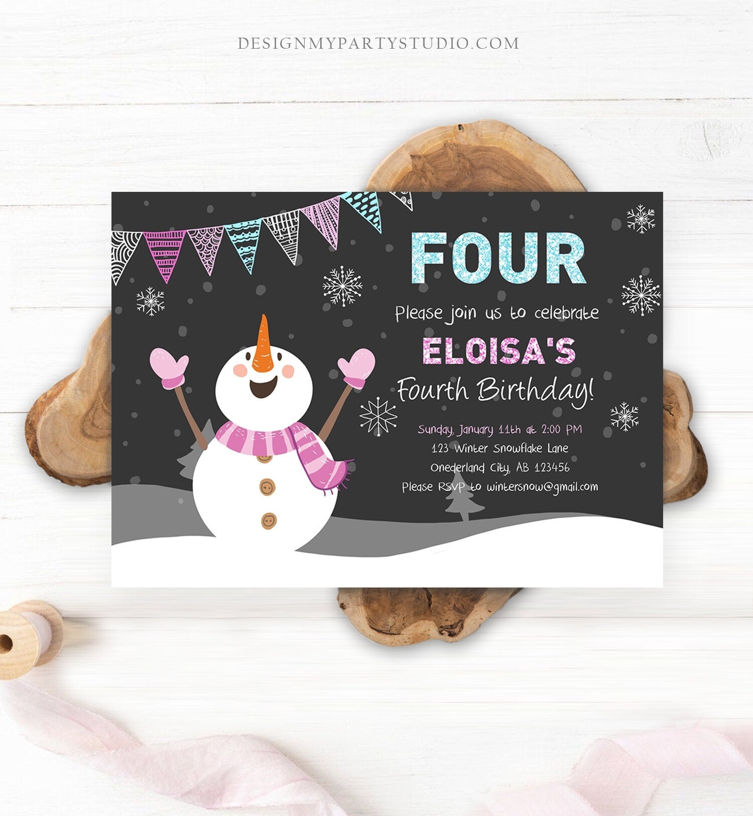 Editable ANY AGE Winter Birthday Invitation First Birthday Snowflake Girl Snowman Instant Download Printable Invite Template Corjl 0022