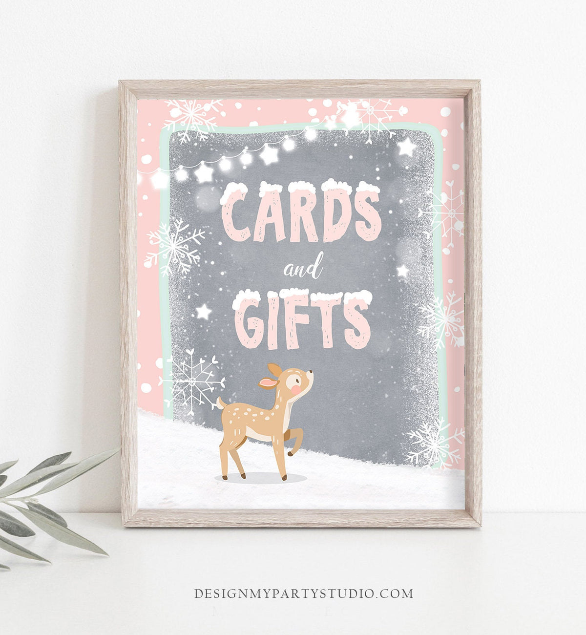 Winter Cards and Gifts Table Sign Girl Birthday Deer Winter Onederland Decorations Pink Snow Wonderland Gift Table Digital PRINTABLE 0109