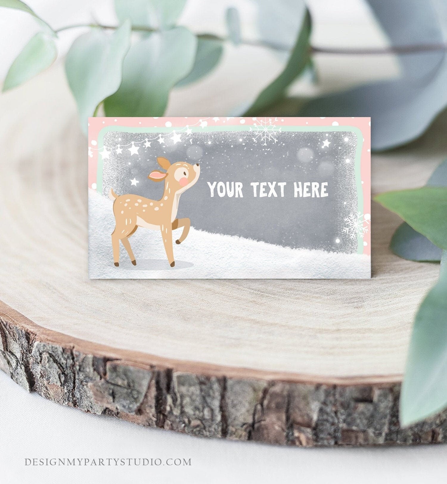 Editable Winter Food Tent Cards Food Labels Girl Birthday Winter Onederland Decorations Pink Deer Food Labels Printable Template Corjl 0109