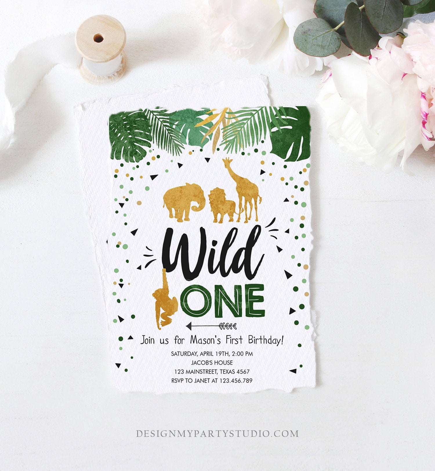 Editable Wild One Birthday Invitation Safari Animals Black Gold Zoo Jungle Wild Animals Party Download Printable Corjl Template Digital 0016