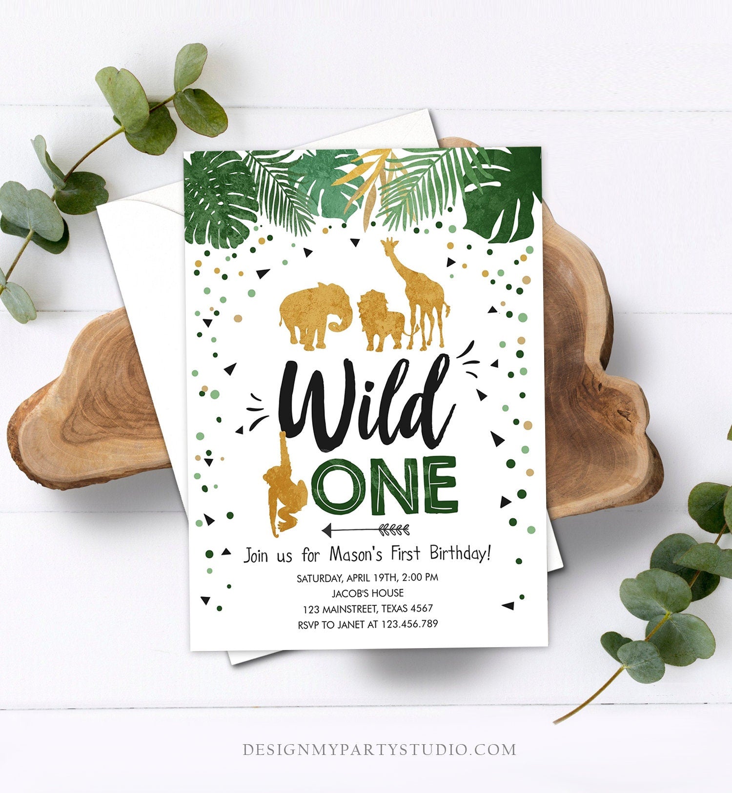 Editable Wild One Birthday Invitation Safari Animals Black Gold Zoo Jungle Wild Animals Party Download Printable Corjl Template Digital 0016