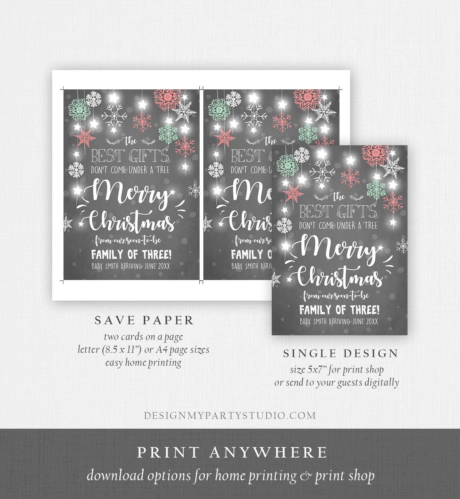 Editable Christmas Pregnancy Announcement Merry Christmas Reveal Family of Three Invitation Baby Arriving Pregnant Printable Corjl Template