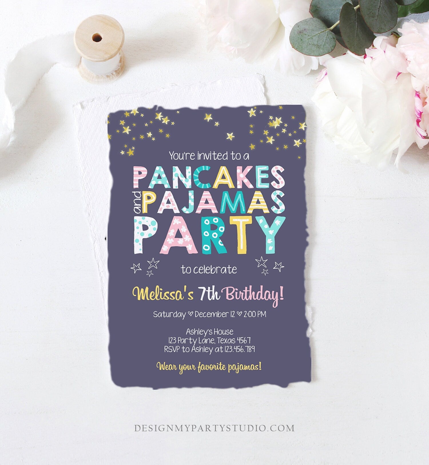 Editable Pancakes and Pajamas Birthday Invitation Movie Night Pancake Party Girl Pink Purple Green Stars Corjl Template Printable 0218