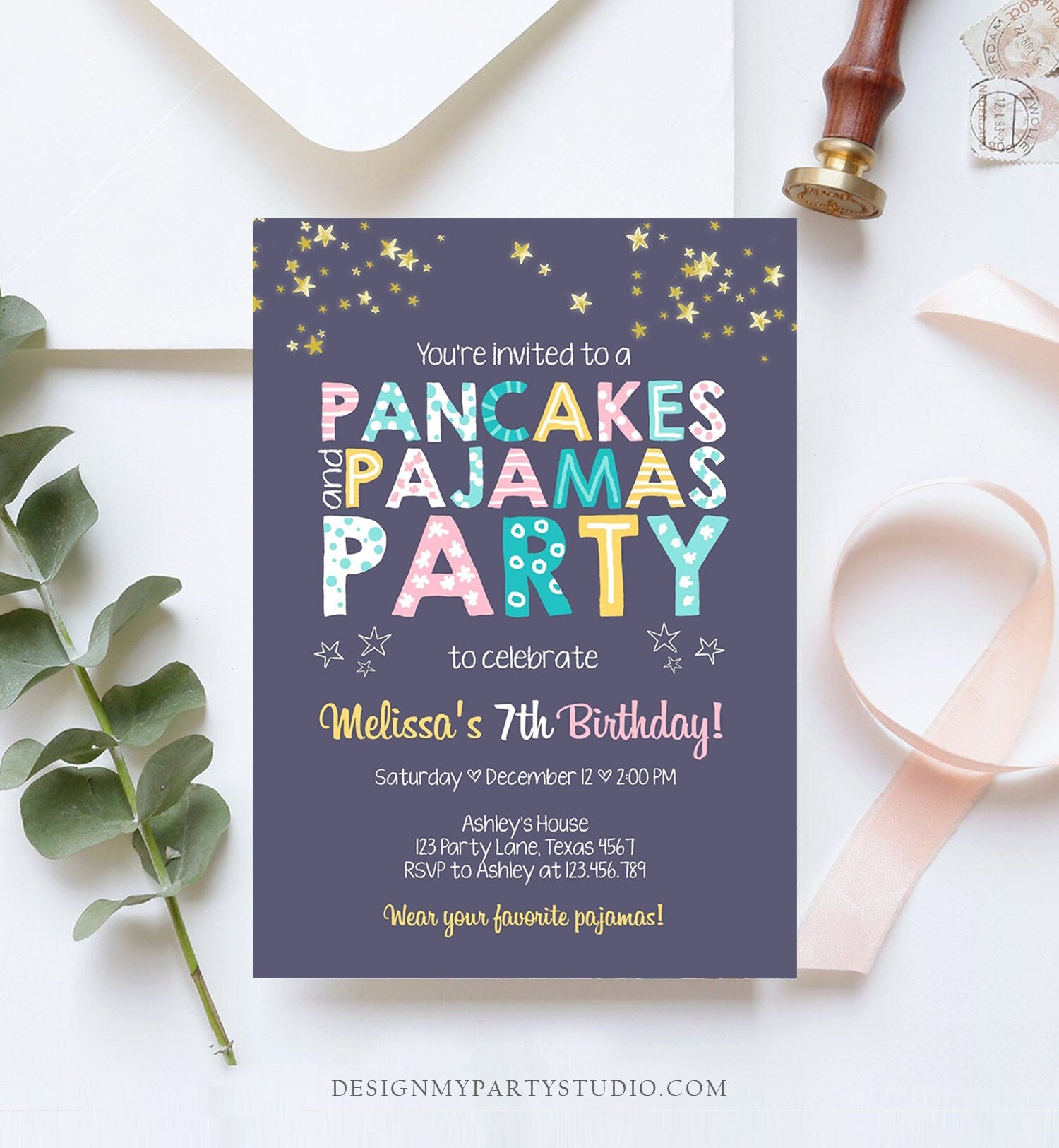 Editable Pancakes and Pajamas Birthday Invitation Movie Night Pancake Party Girl Pink Purple Green Stars Corjl Template Printable 0218