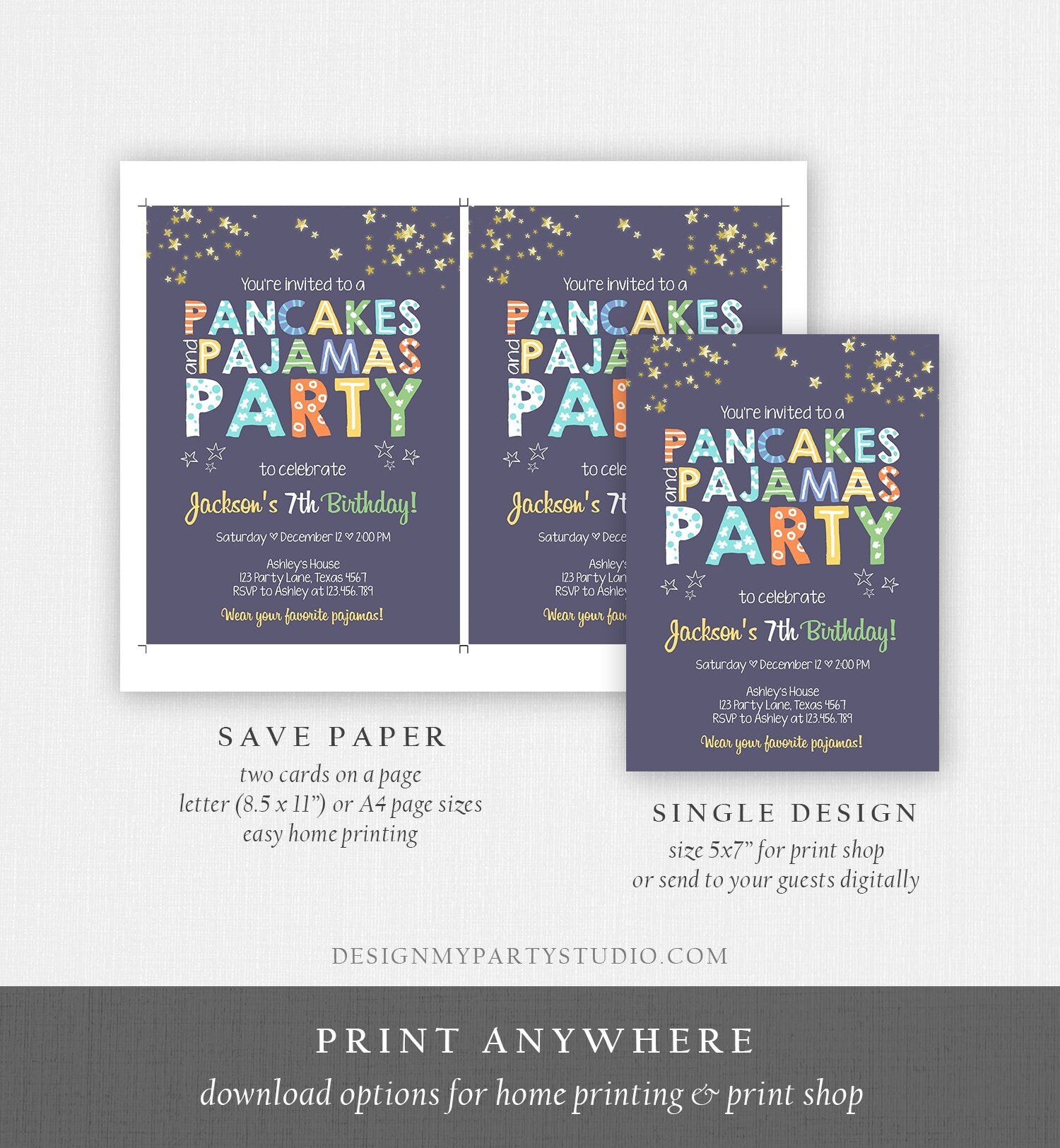 Editable Pancakes and Pajamas Birthday Invitation Movie Night Pancake Party Boy Blue Green Stars Download Corjl Template Printable 0218