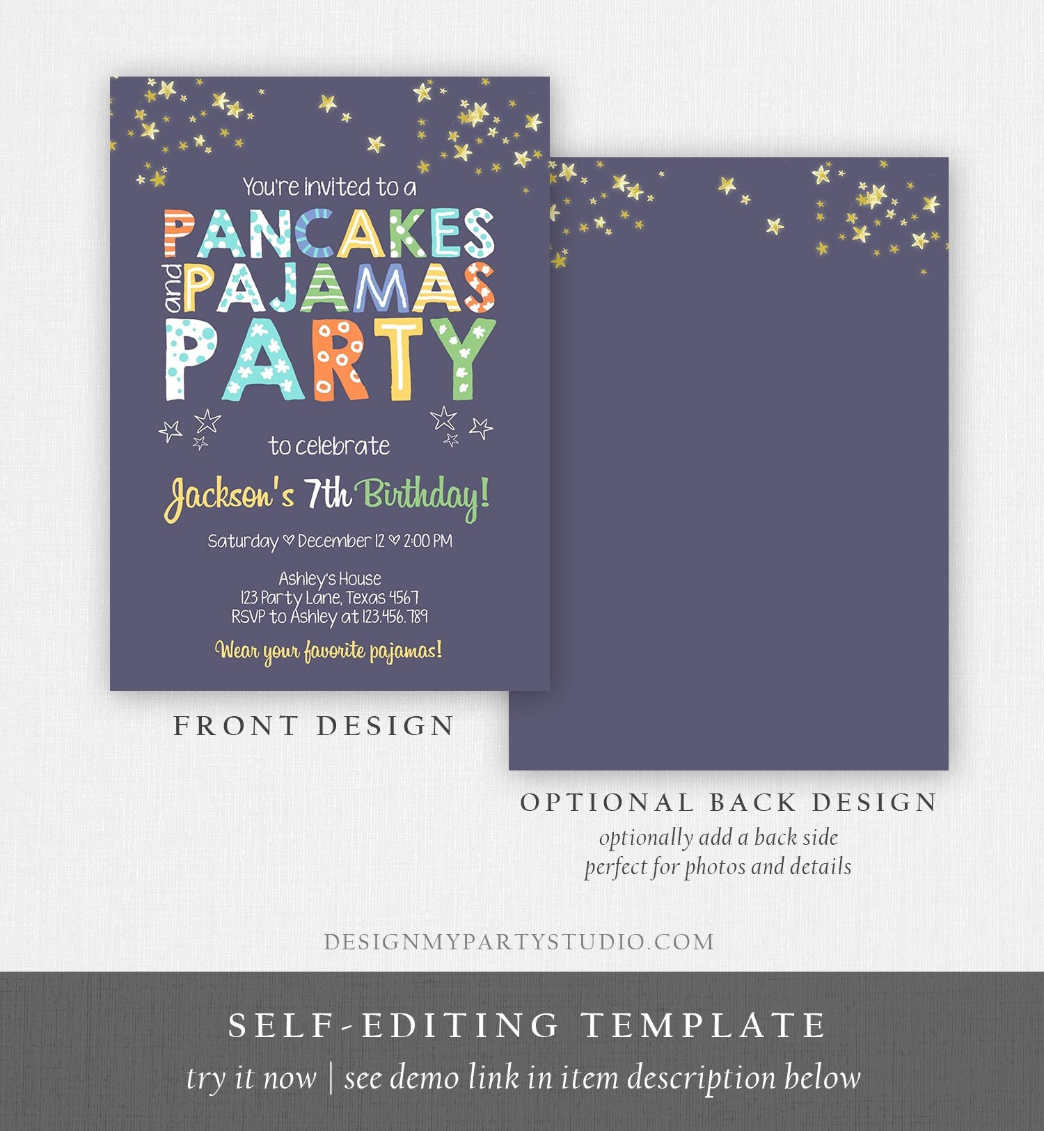 Editable Pancakes and Pajamas Birthday Invitation Movie Night Pancake Party Boy Blue Green Stars Download Corjl Template Printable 0218