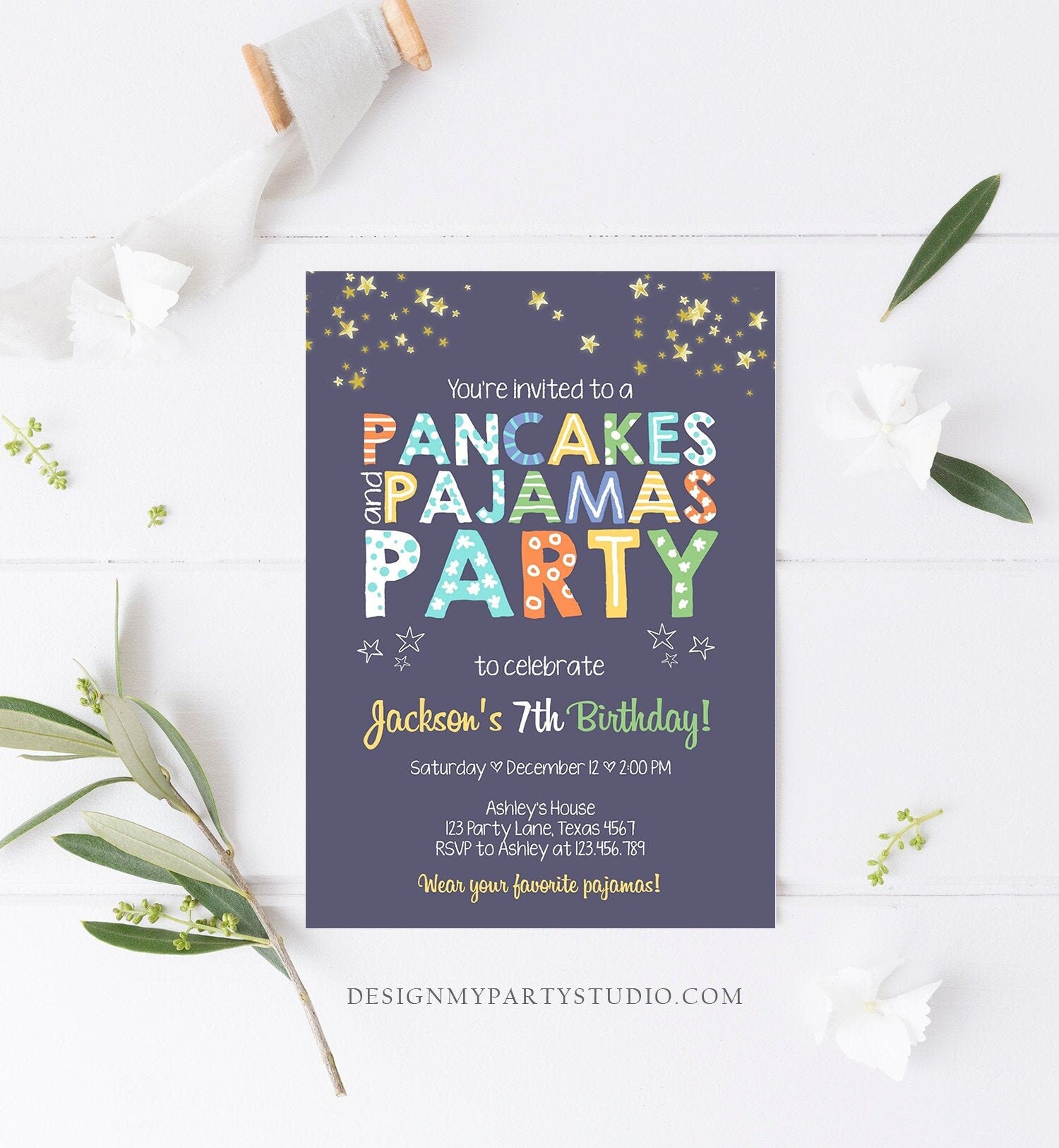 Editable Pancakes and Pajamas Birthday Invitation Movie Night Pancake Party Boy Blue Green Stars Download Corjl Template Printable 0218