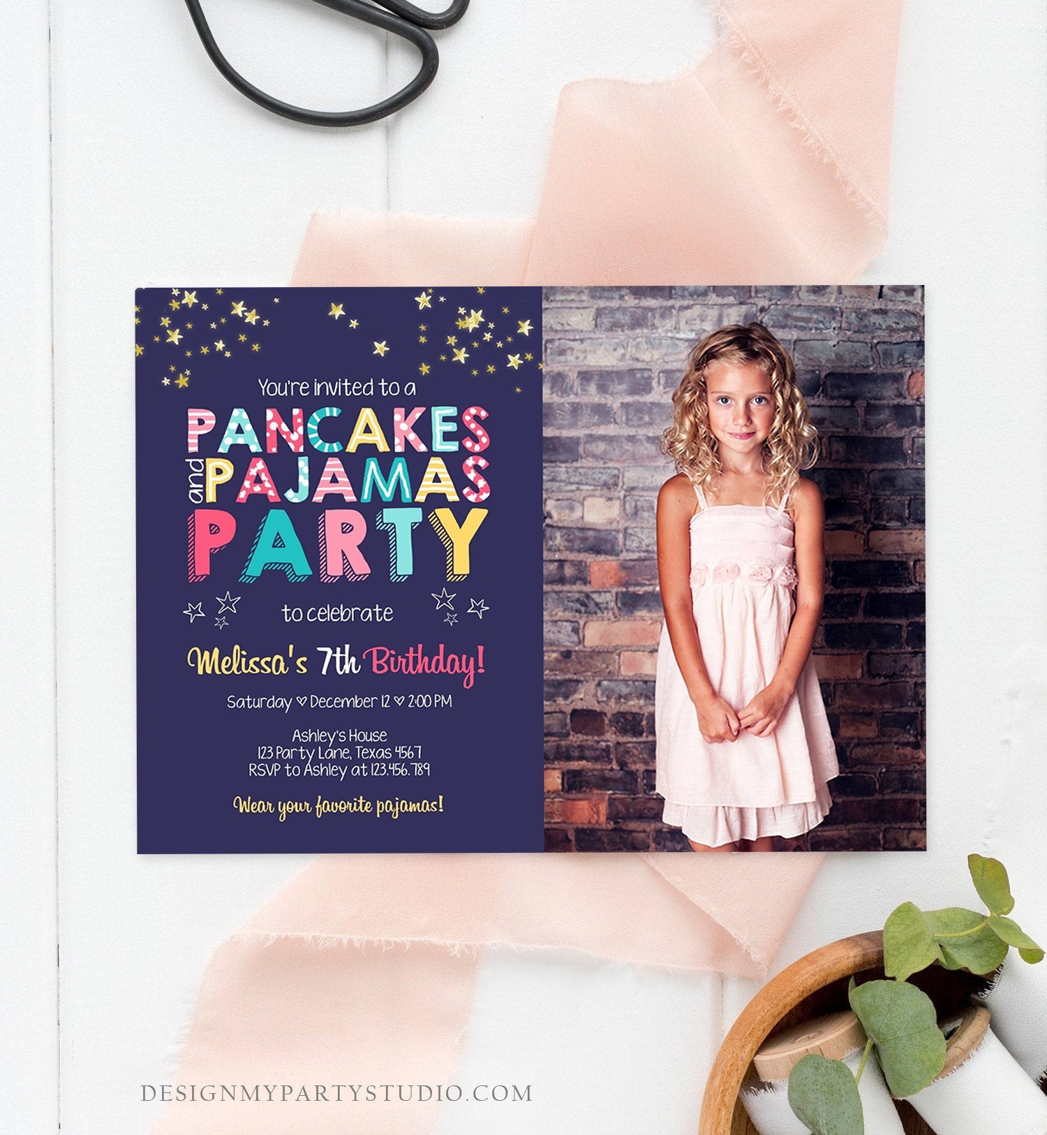 Editable Pancakes and Pajamas Birthday Invitation Movie Night Pancake Party Girl Pink Purple Green Stars Corjl Template Printable 0218