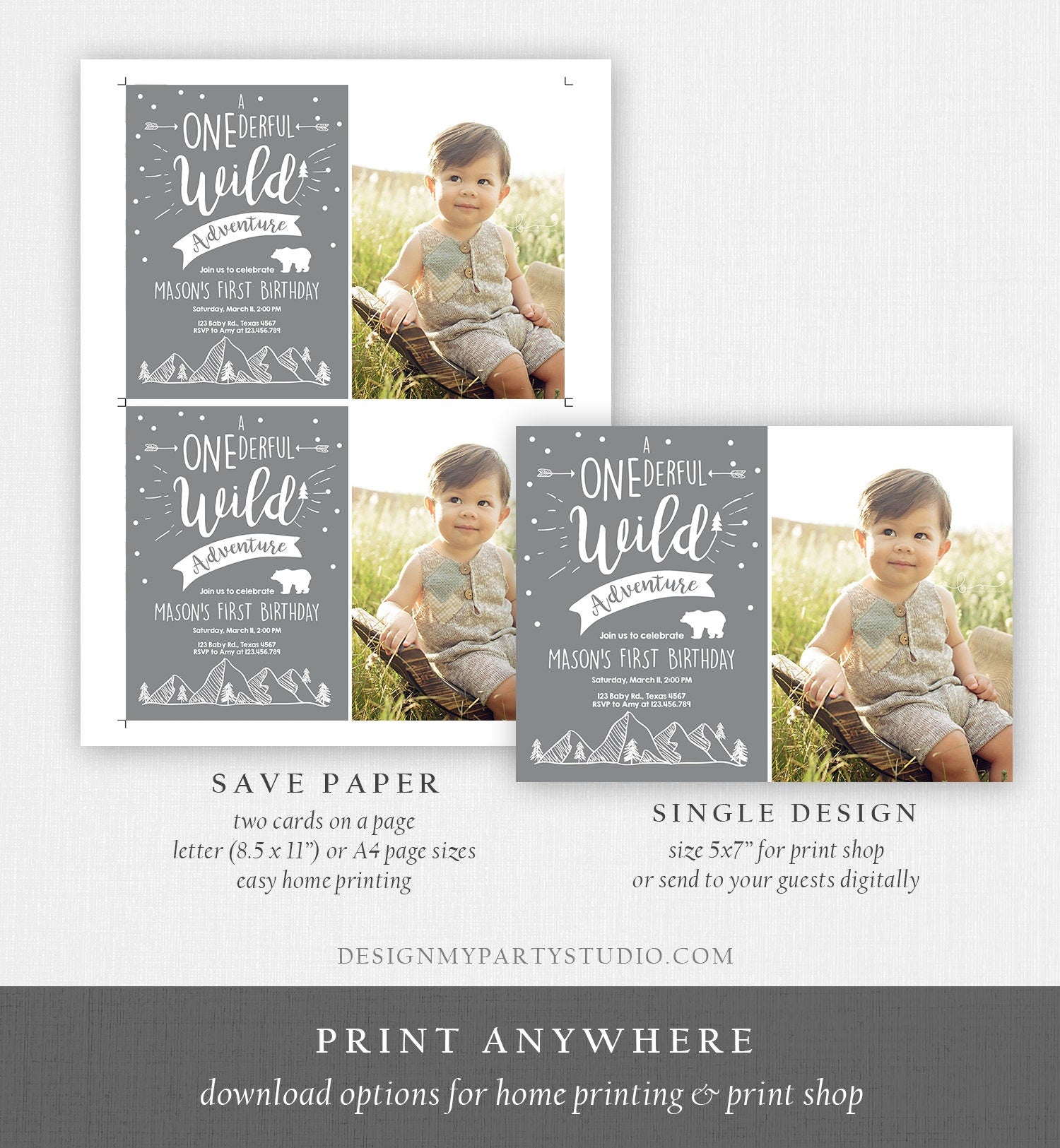 Editable A Onederful Wild Adventure First Birthday Invitation Wild Things Boy Mountains Bear Outdoor Gray Grey Photo Corjl Template 0083