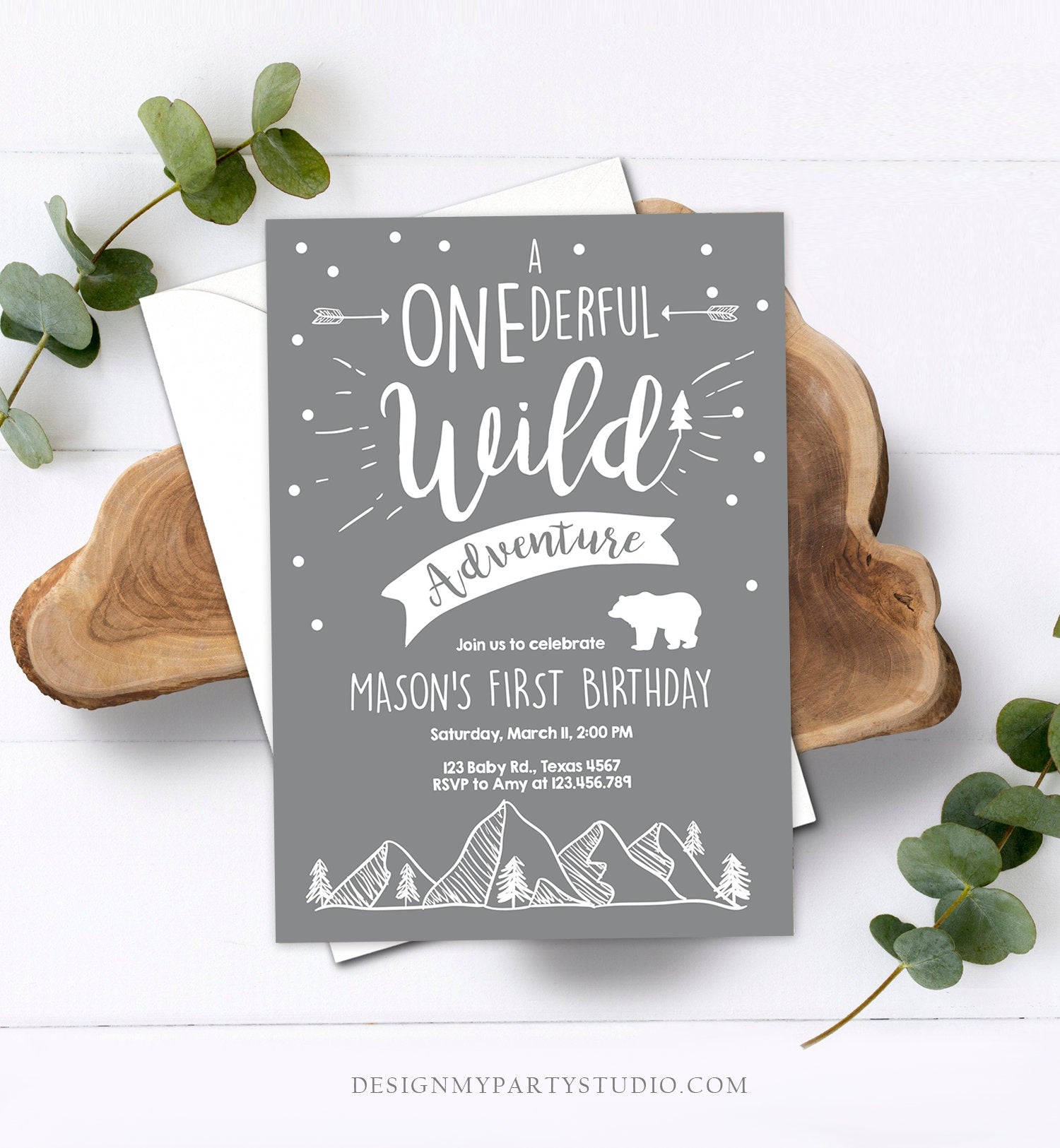 Editable A Onederful Wild Adventure First Birthday Invitation Wild Things Boy Mountains Bear Outdoor Grey Gray Download Corjl Template 0083