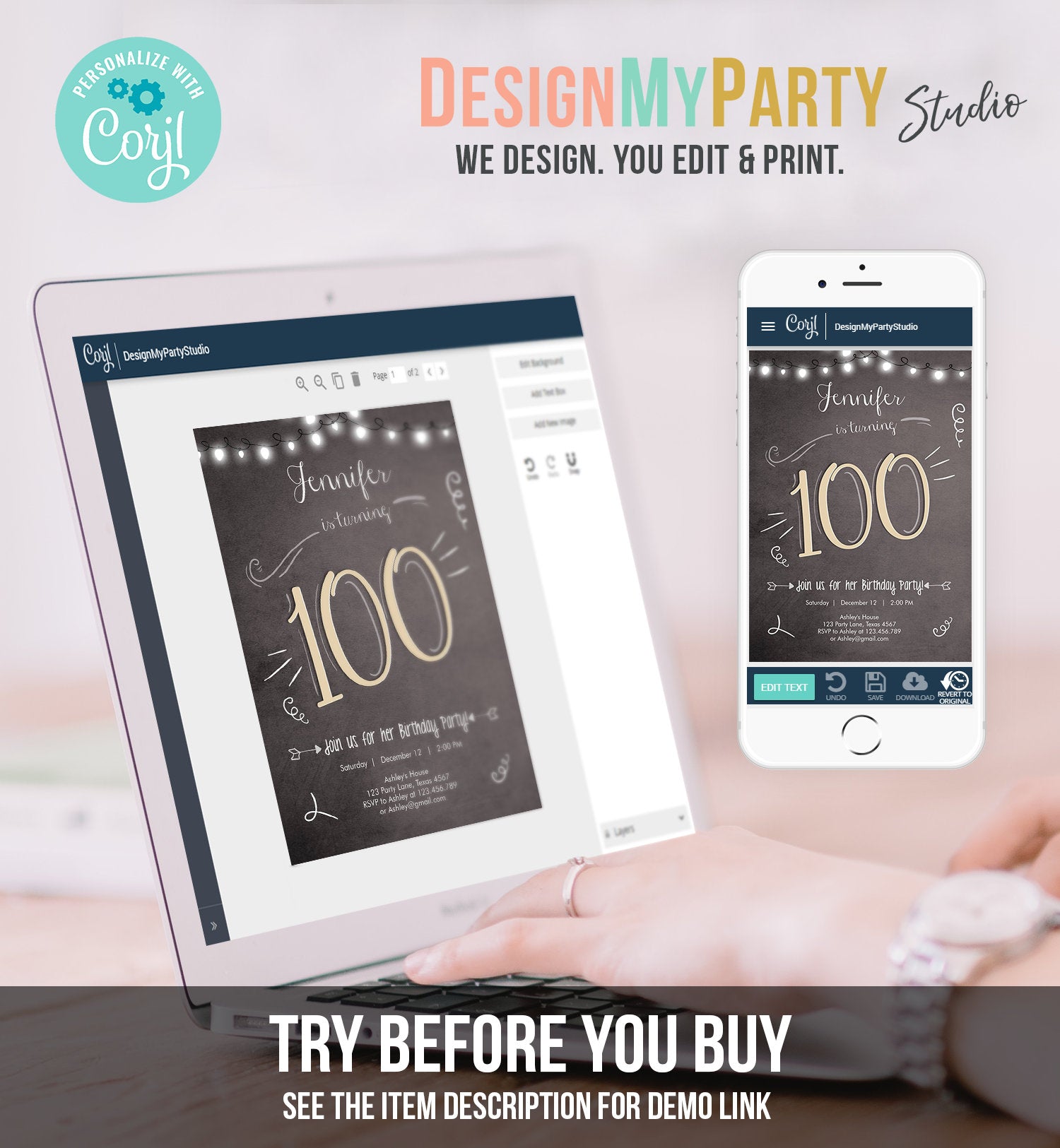 Editable 100th Birthday Invitation Chalkboard Rustic Adult Birthday Invitation Hundred Download Printable Invitation Template Corjl 0230