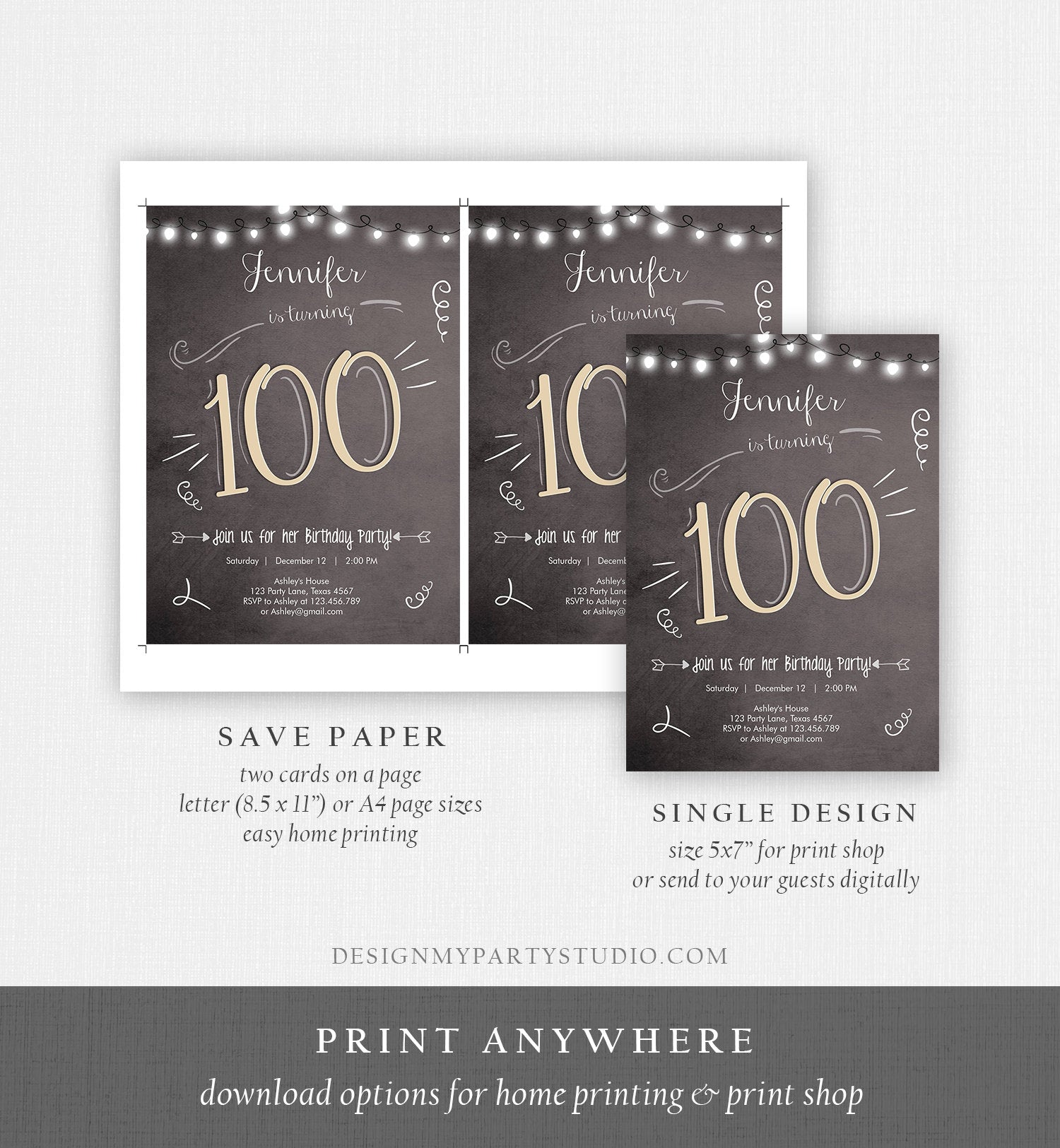 Editable 100th Birthday Invitation Chalkboard Rustic Adult Birthday Invitation Hundred Download Printable Invitation Template Corjl 0230