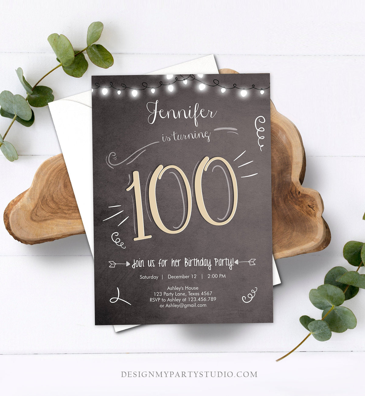 Editable 100th Birthday Invitation Chalkboard Rustic Adult Birthday Invitation Hundred Download Printable Invitation Template Corjl 0230